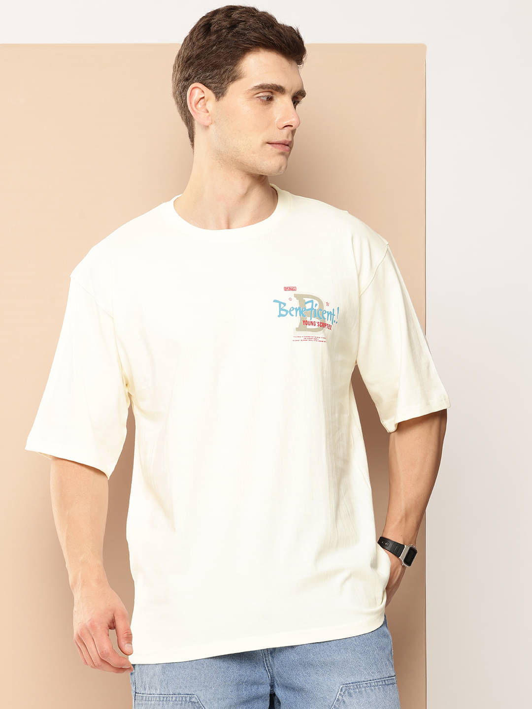     			FROSEN FOX Men Cotton Blend Oversized Fit Printed T-Shirt ( Off-White )