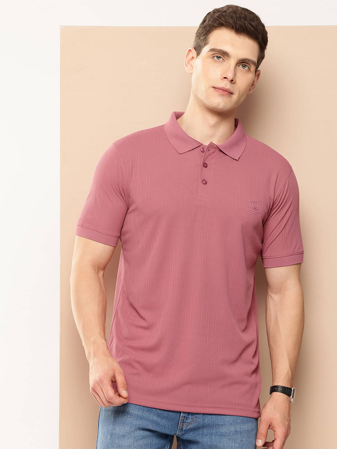 FROSEN FOX Men Polyester Regular Fit Striped Polo T Shirt ( Pink ) FROSEN FOX Men Polyester Regular Fit Striped Polo T Shirt ( Pink )