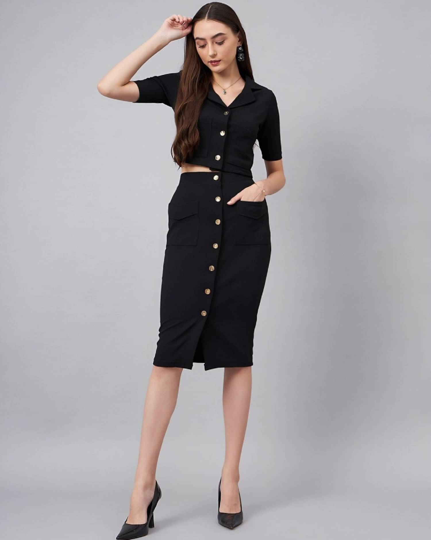 GOPI SAREE Women's Lycra Solid A-line Dress ( Black )     			GOPI SAREE Women's Lycra Solid A-line Dress ( Black )