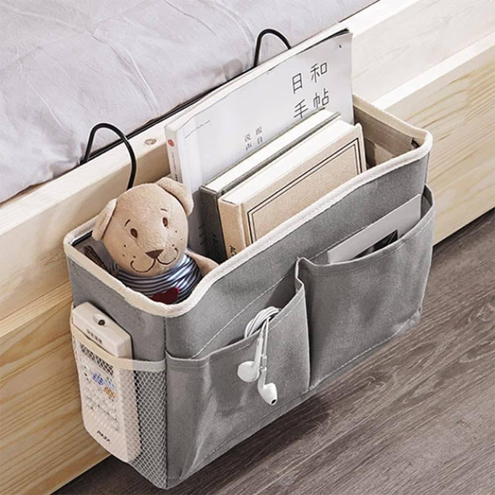 HINGOL Linen Hanging Bedside Caddy – Bedside Organizer with Pockets for Books, Remote, Tablet & More – Hostel Essentials & Multipurpose Storage HINGOL Linen Hanging Bedside Caddy – Bedside Organizer with Pockets for Books, Remote, Tablet & More – Hostel Essentials & Multipurpose Storage