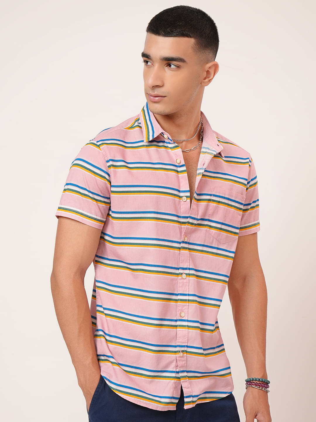     			Highlander 100% Cotton Slim Fit Striped Half Sleeves Men's Casual Shirt - Pink ( Pack of 1 )