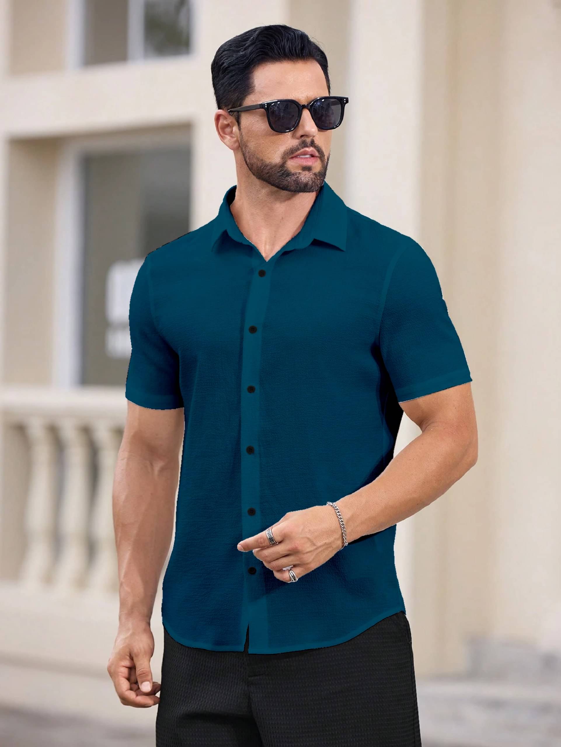 MARMIC FAB Cotton Blend Slim Fit Solids Half Sleeves Men's Casual Shirt - Blue ( Pack of 1 ) MARMIC FAB Cotton Blend Slim Fit Solids Half Sleeves Men's Casual Shirt - Blue ( Pack of 1 )