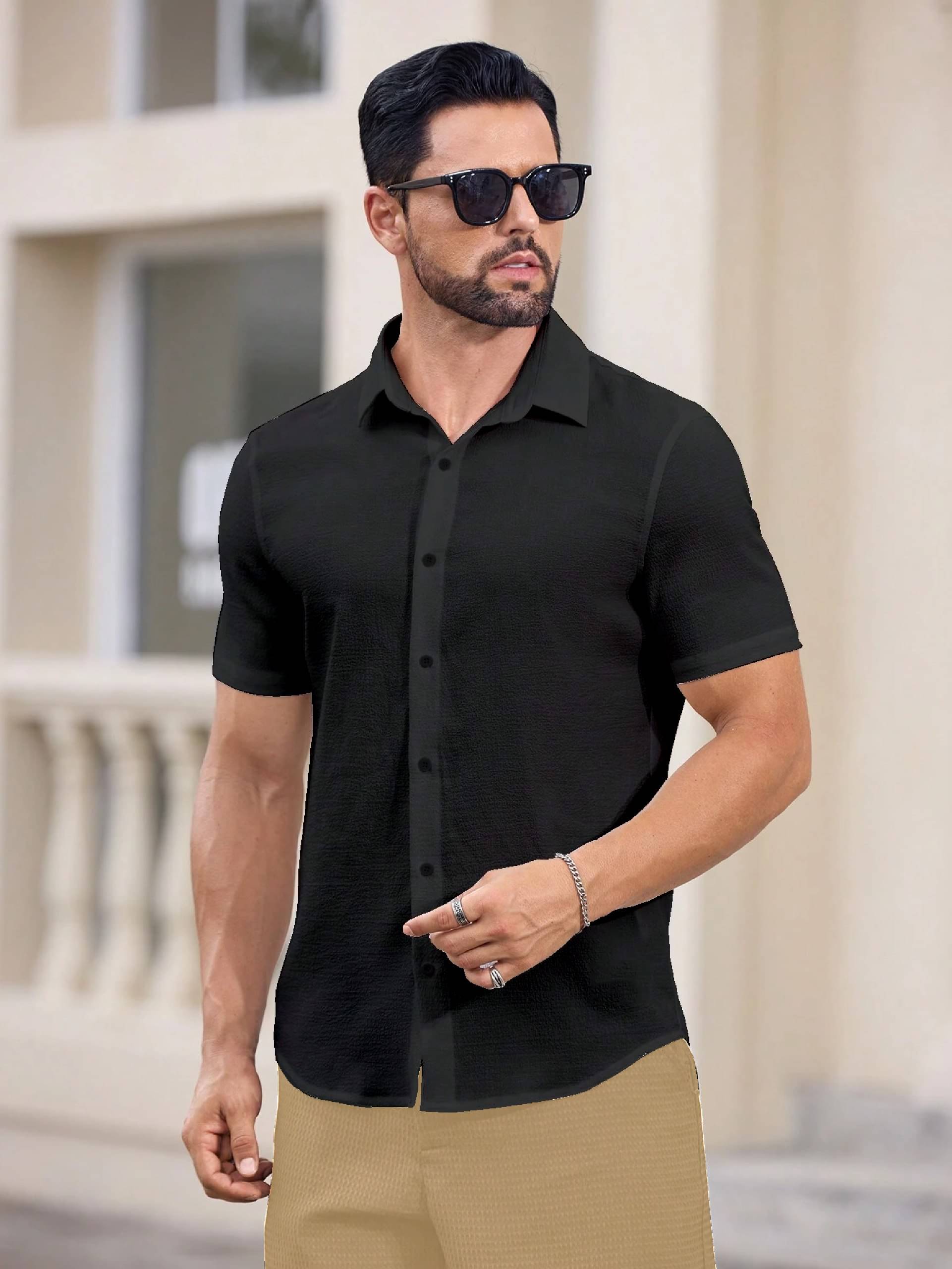     			MARMIC FAB Cotton Blend Slim Fit Solids Half Sleeves Men's Casual Shirt - Black ( Pack of 1 )