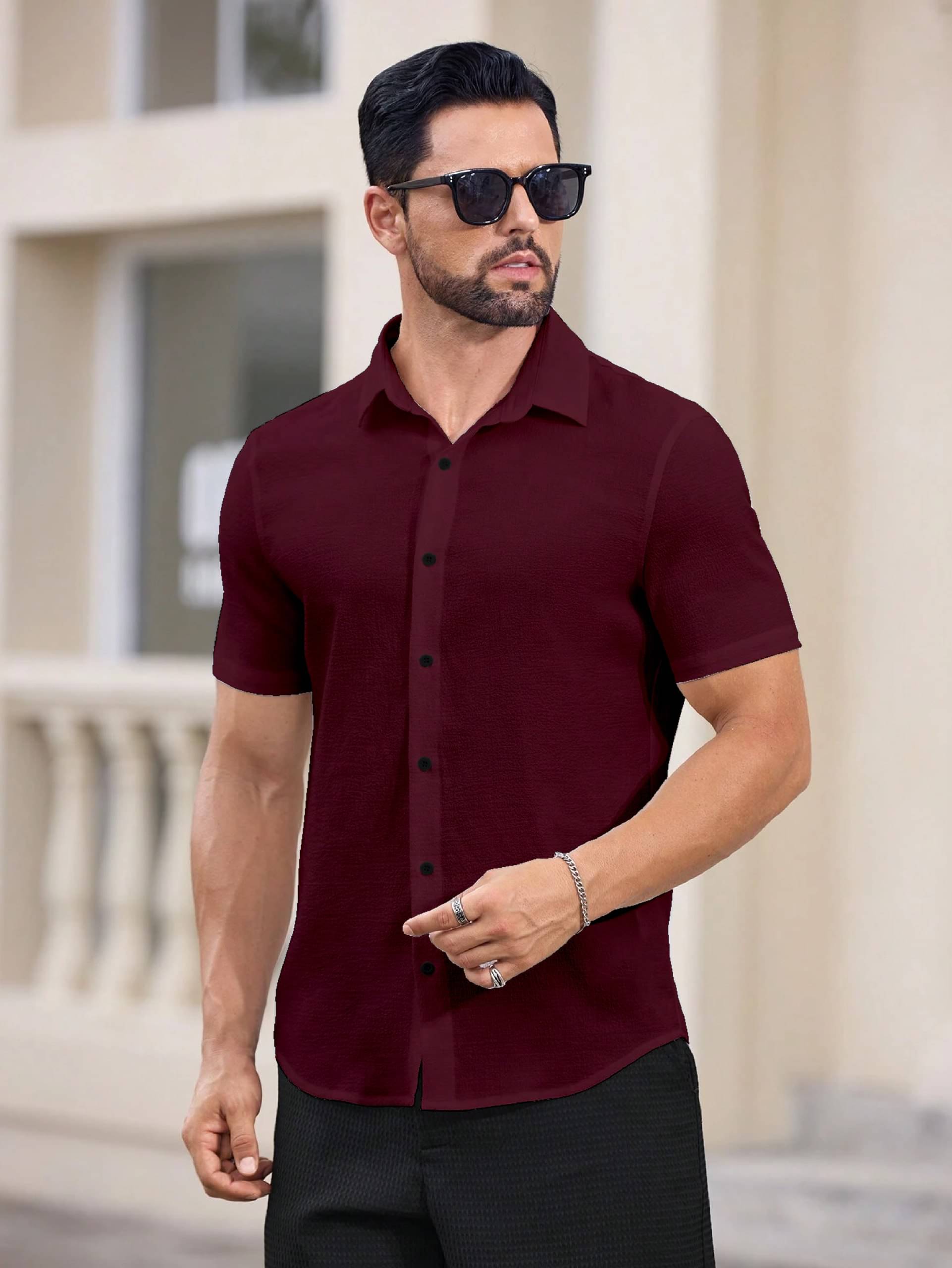 MARMIC FAB Cotton Blend Slim Fit Solids Half Sleeves Men's Casual Shirt - Maroon ( Pack of 1 )     			MARMIC FAB Cotton Blend Slim Fit Solids Half Sleeves Men's Casual Shirt - Maroon ( Pack of 1 )