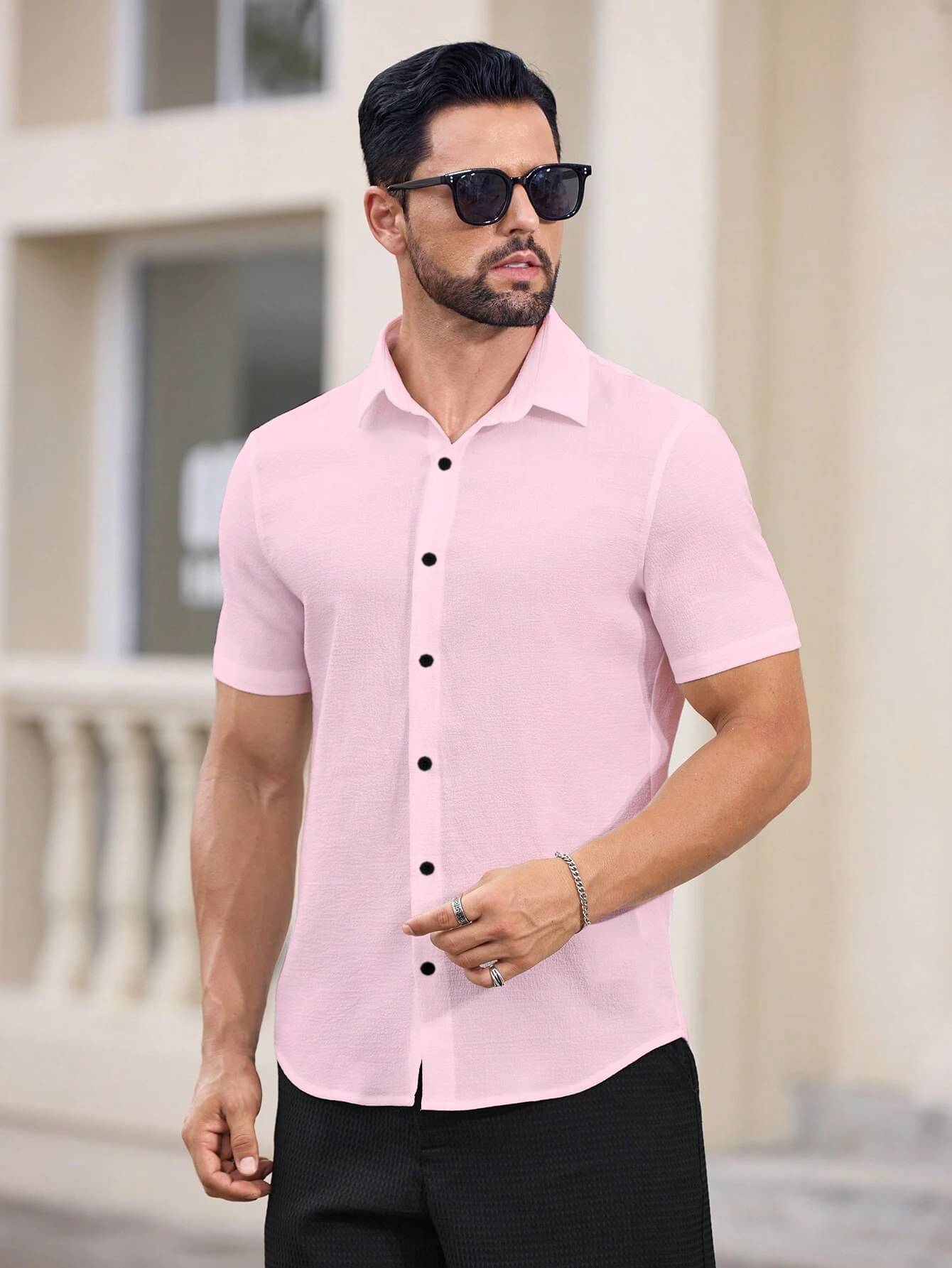 MARMIC FAB Cotton Blend Slim Fit Solids Half Sleeves Men's Casual Shirt - Pink ( Pack of 1 )     			MARMIC FAB Cotton Blend Slim Fit Solids Half Sleeves Men's Casual Shirt - Pink ( Pack of 1 )