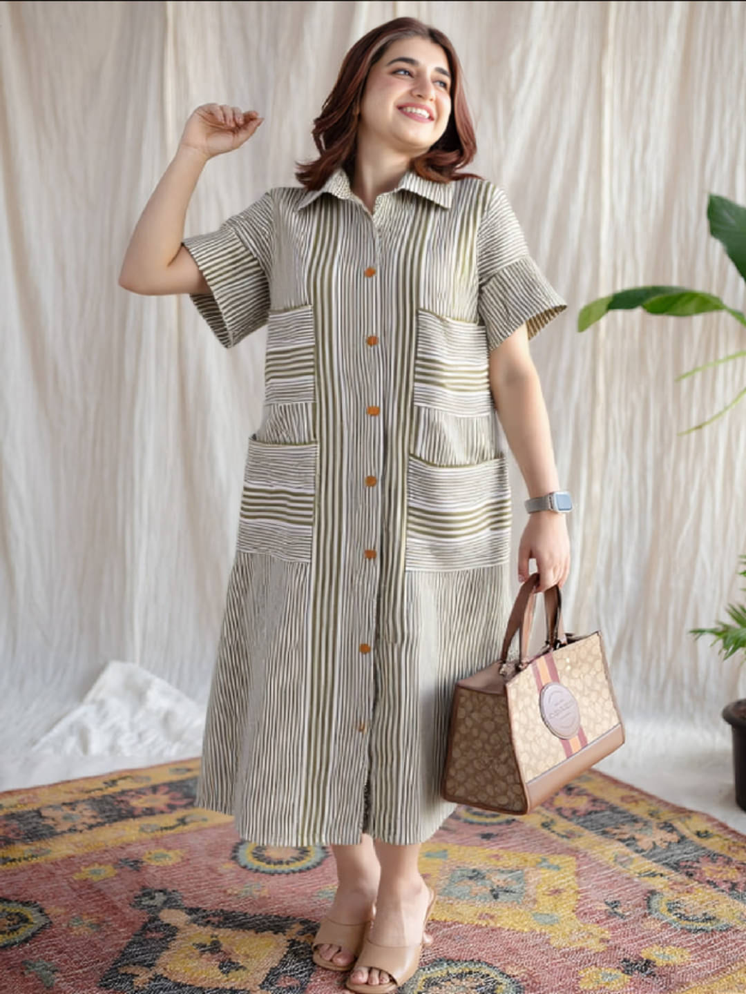     			MAYKR Women Cotton Striped Shirt Dress ( Grey )
