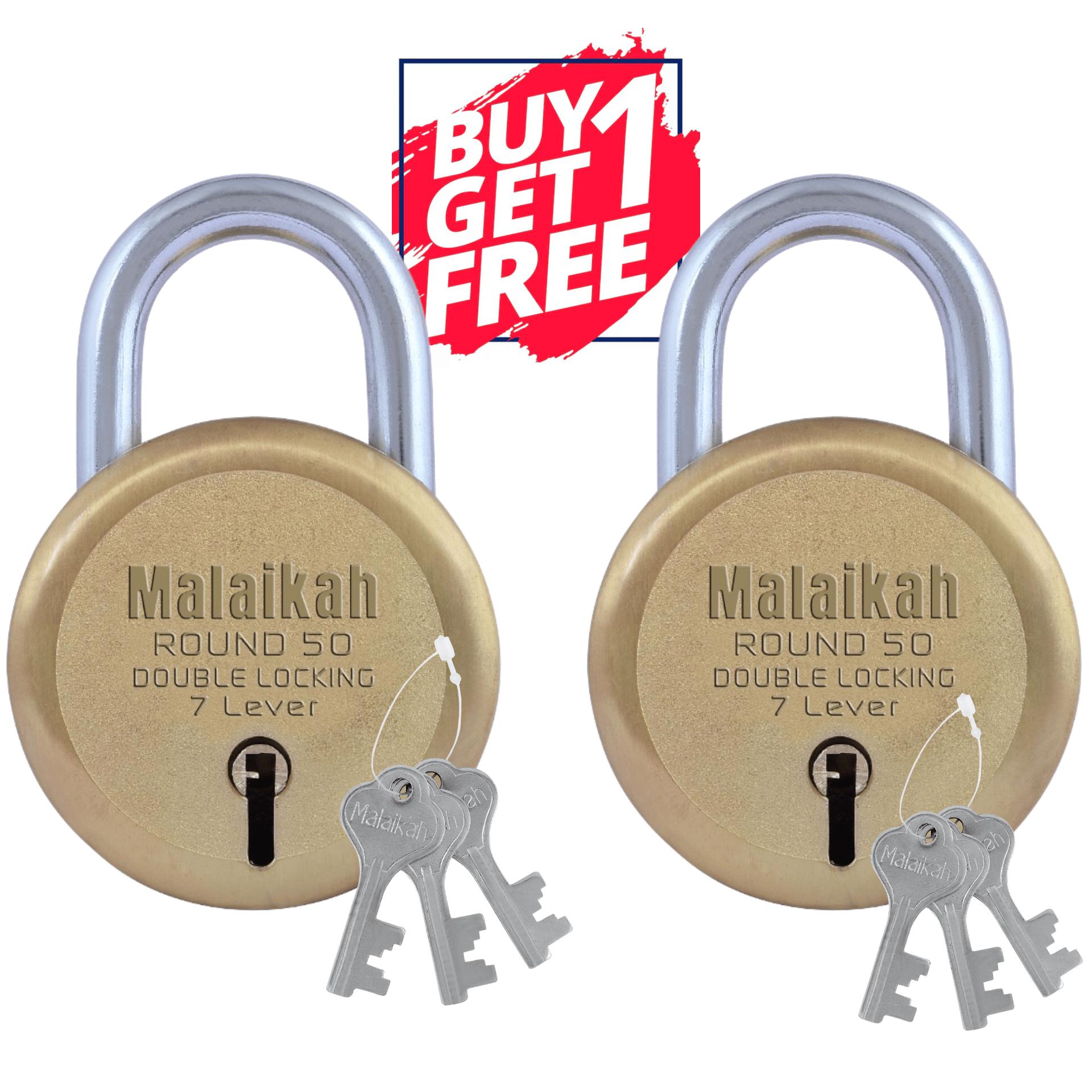 Malaikah Locks Padlocks Pack Of 2 Gold 50mm With Buy 1 Get 1 Free Made In Aligarh India Stylish Gold Finish 7-Lever Mechanism Corrosion-Resistant Design Perfect For Gates Lockers And Doors