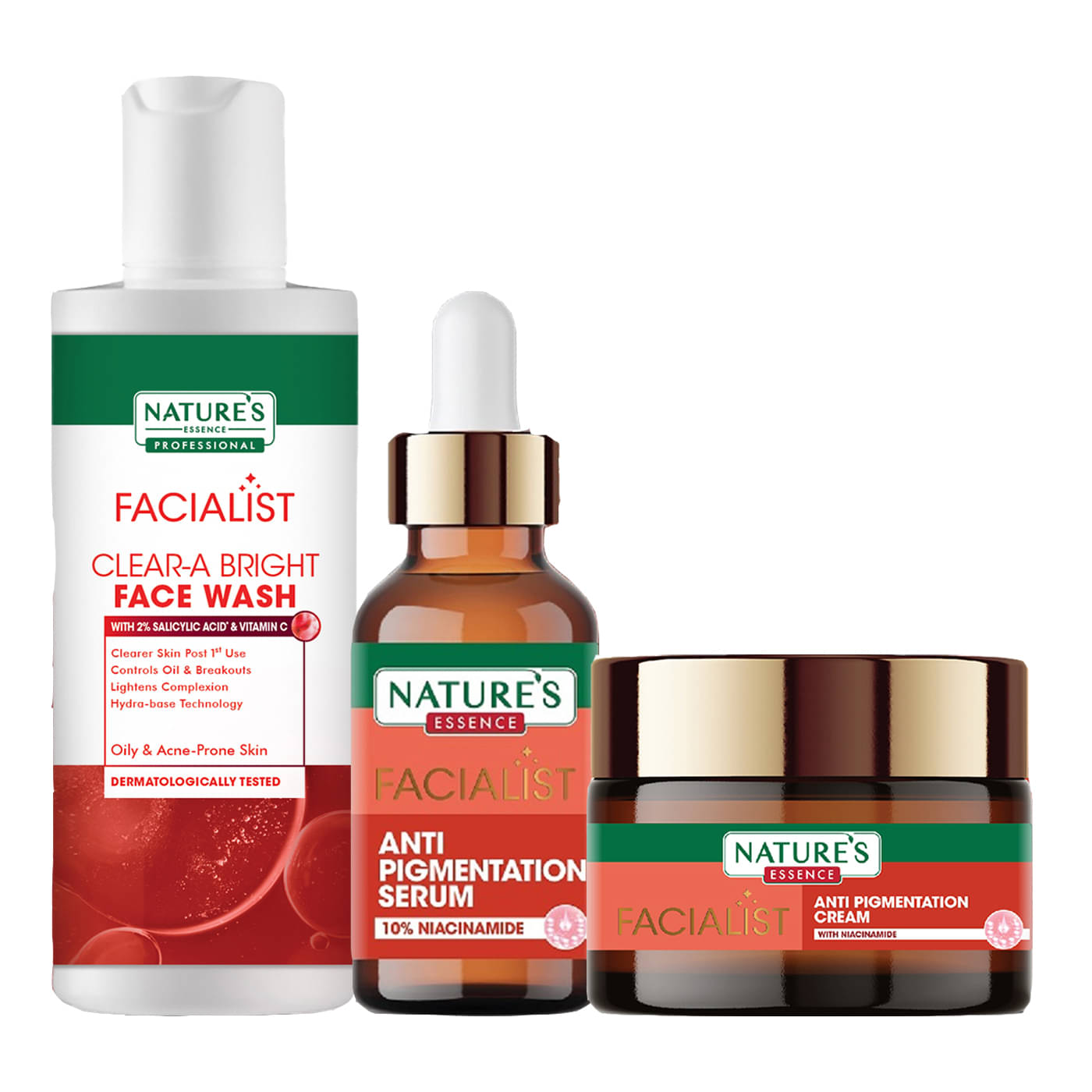 Nature's Essence Facialist Anti-Pigmentation Cream 45g+Serum 30ml+ Clear-A Face Wash 100g (Pack of 3) Nature's Essence Facialist Anti-Pigmentation Cream 45g+Serum 30ml+ Clear-A Face Wash 100g (Pack of 3)