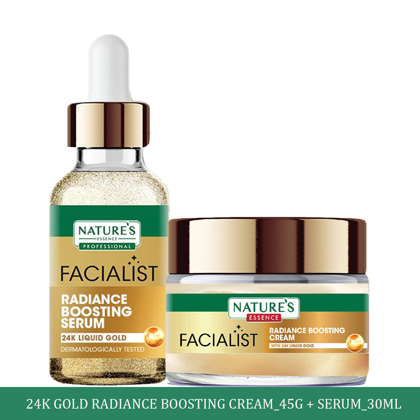 Nature's Essence Facialist 24K Gold Radiance Boosting Cream 45g + Serum 30ml (Pack of 2) Nature's Essence Facialist 24K Gold Radiance Boosting Cream 45g + Serum 30ml (Pack of 2)