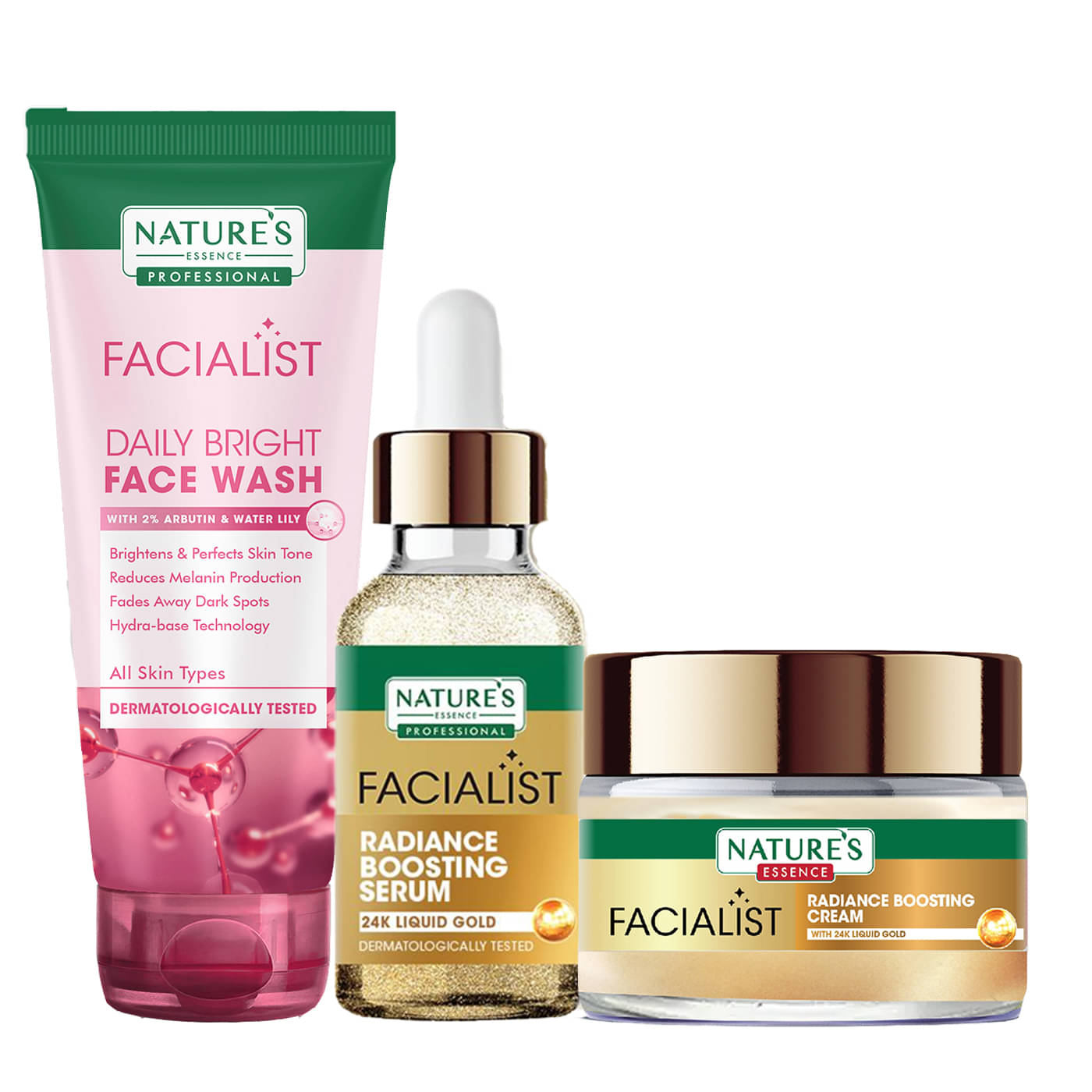 Nature's Essence Facialist 24K Gold Cream 45g + Serum 30ml + Daily Bright Face Wash 100g (Pack of 3) Nature's Essence Facialist 24K Gold Cream 45g + Serum 30ml + Daily Bright Face Wash 100g (Pack of 3)
