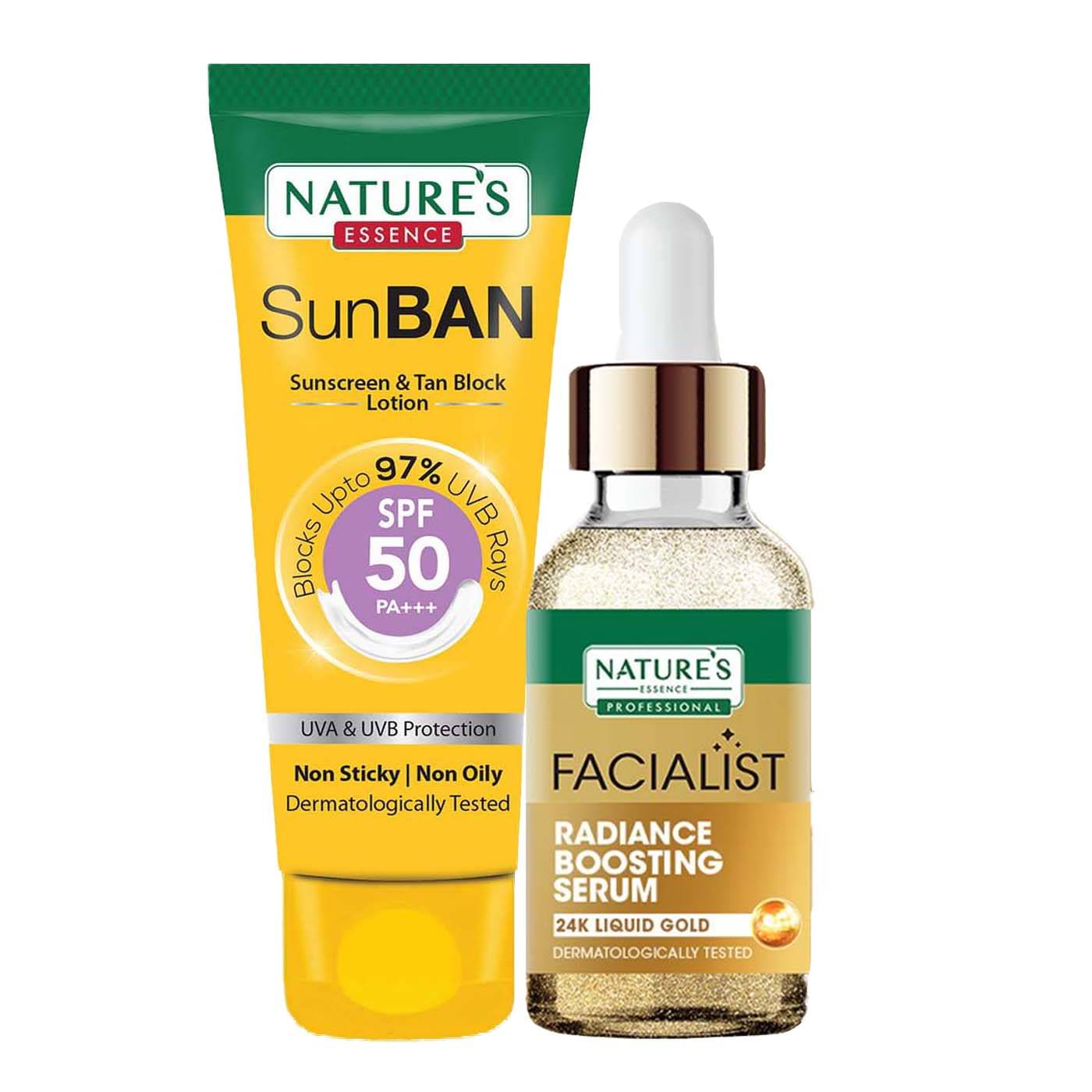 Nature's Essence Facialist 24k Gold Radiance Boost Serum 30ml+SunBan Sunscreen Spf50 60ml (Pack of 2)     			Nature's Essence Facialist 24k Gold Radiance Boost Serum 30ml+SunBan Sunscreen Spf50 60ml (Pack of 2)