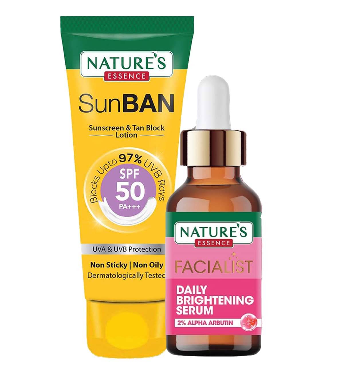 Nature's Essence Facialist Daily Brightening Serum 30ml + SunBan Sunscreen Spf 50 60ml (Pack of 2)     			Nature's Essence Facialist Daily Brightening Serum 30ml + SunBan Sunscreen Spf 50 60ml (Pack of 2)