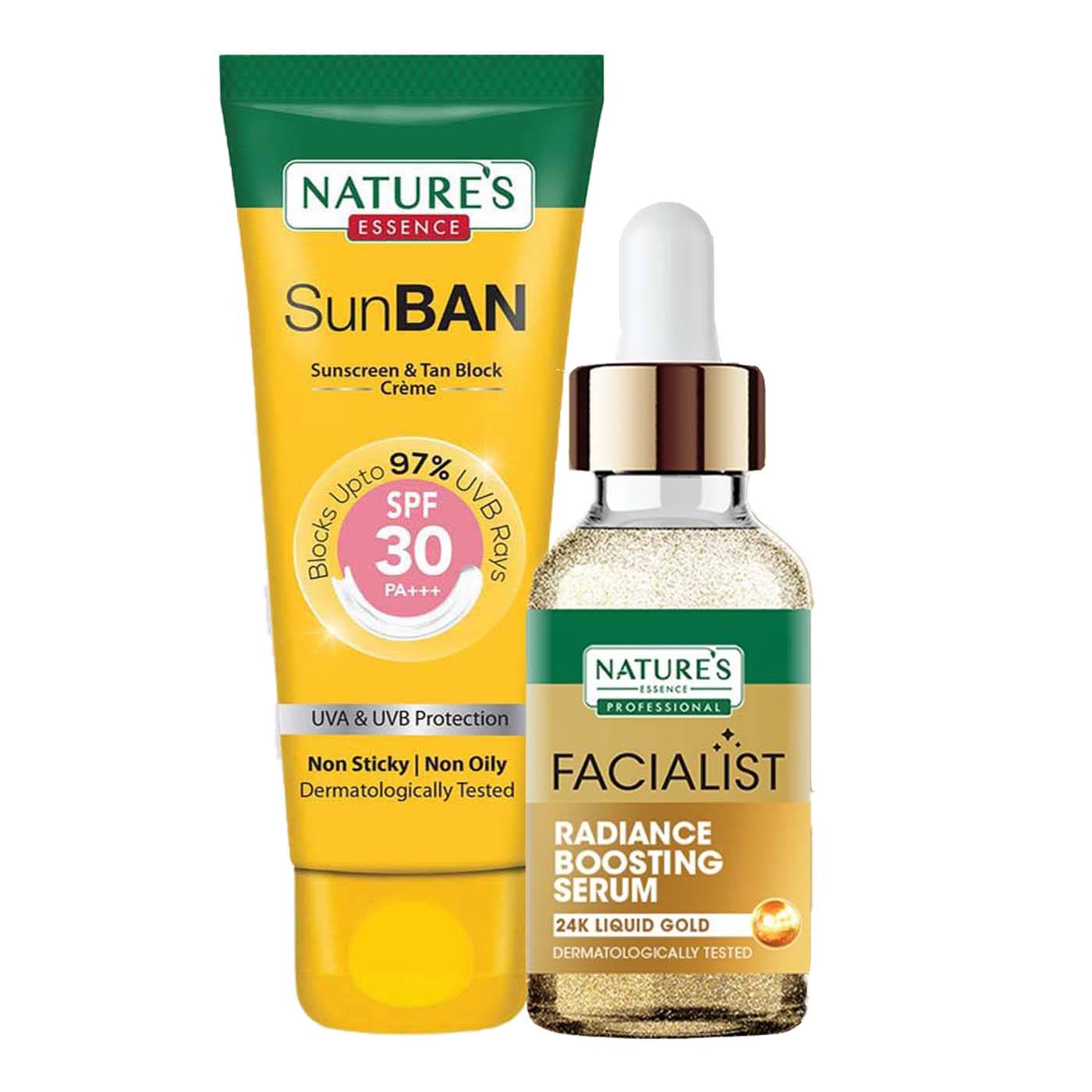 Nature's Essence Facialist 24k Gold Radiance Boost Serum 30ml+SunBan Sunscreen Spf30 120ml (Pack of 2) Nature's Essence Facialist 24k Gold Radiance Boost Serum 30ml+SunBan Sunscreen Spf30 120ml (Pack of 2)