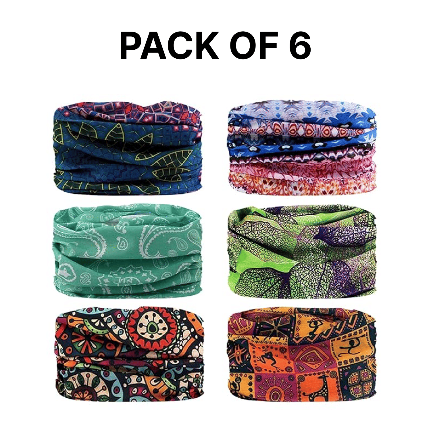 Polyester Bandana Bikers Motorcycle Riding Reuseable Neck Face Mask (Multicolour, Without Valve, Pack of 6) for Unisex