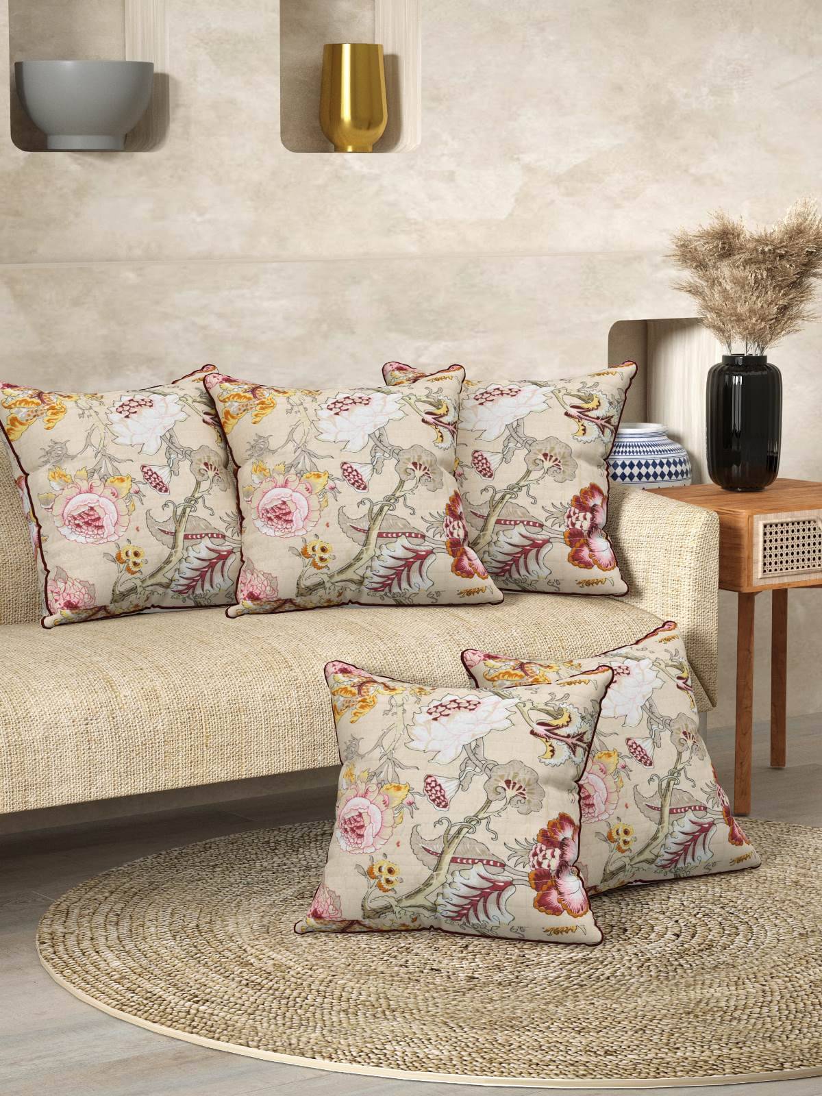     			Romee Set of 5 Cotton Floral Square Cushion Cover (40X40)cm - Beige