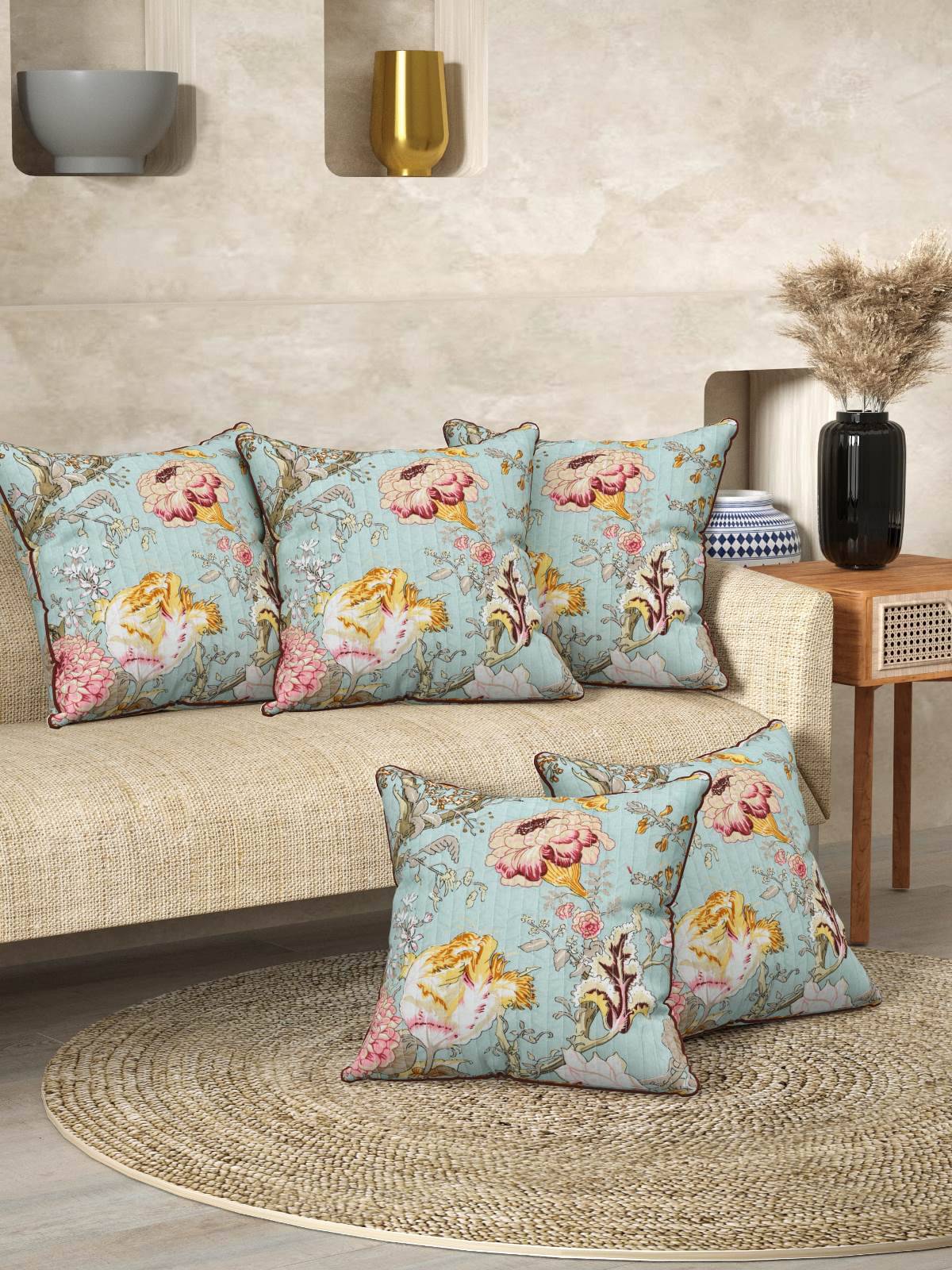     			Romee Set of 5 Cotton Floral Square Cushion Cover (40X40)cm - Sea Green