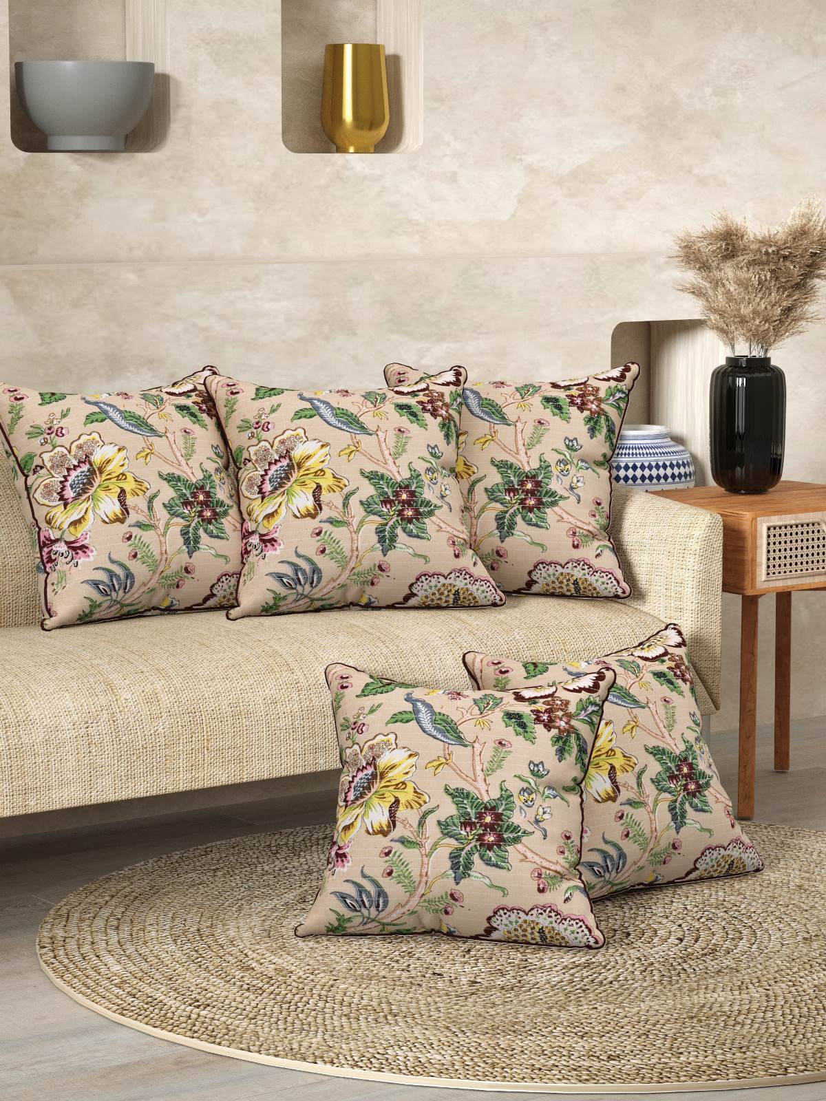    			Romee Set of 5 Cotton Floral Square Cushion Cover (40X40)cm - Brown