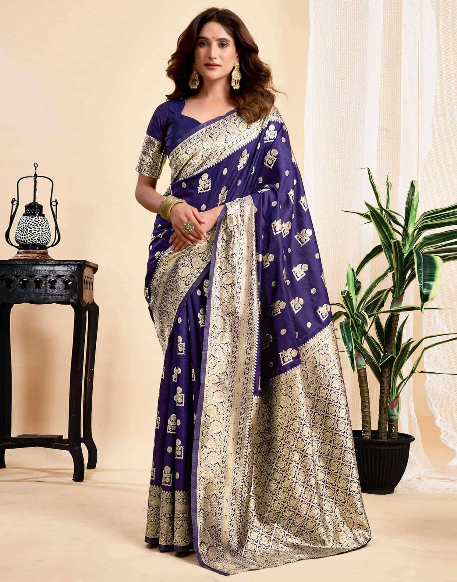 TARTAM Banarasi Silk Striped Saree With Unstitched Blouse Piece ( Navy Blue ) TARTAM Banarasi Silk Striped Saree With Unstitched Blouse Piece ( Navy Blue )