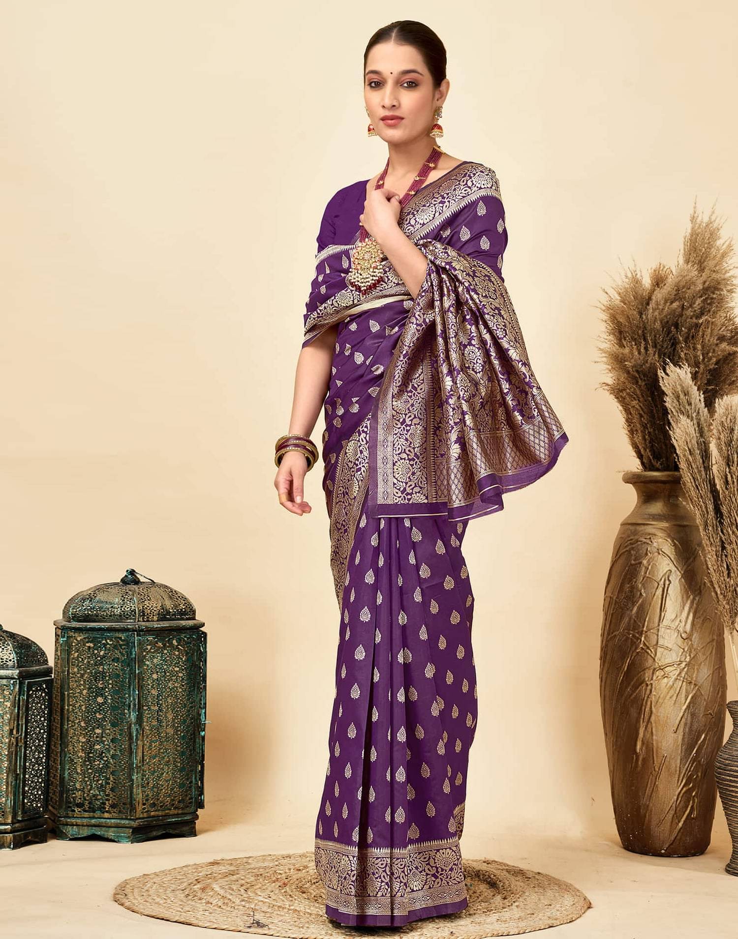 TARTAM Banarasi Silk Striped Saree With Unstitched Blouse Piece ( Purple ) TARTAM Banarasi Silk Striped Saree With Unstitched Blouse Piece ( Purple )