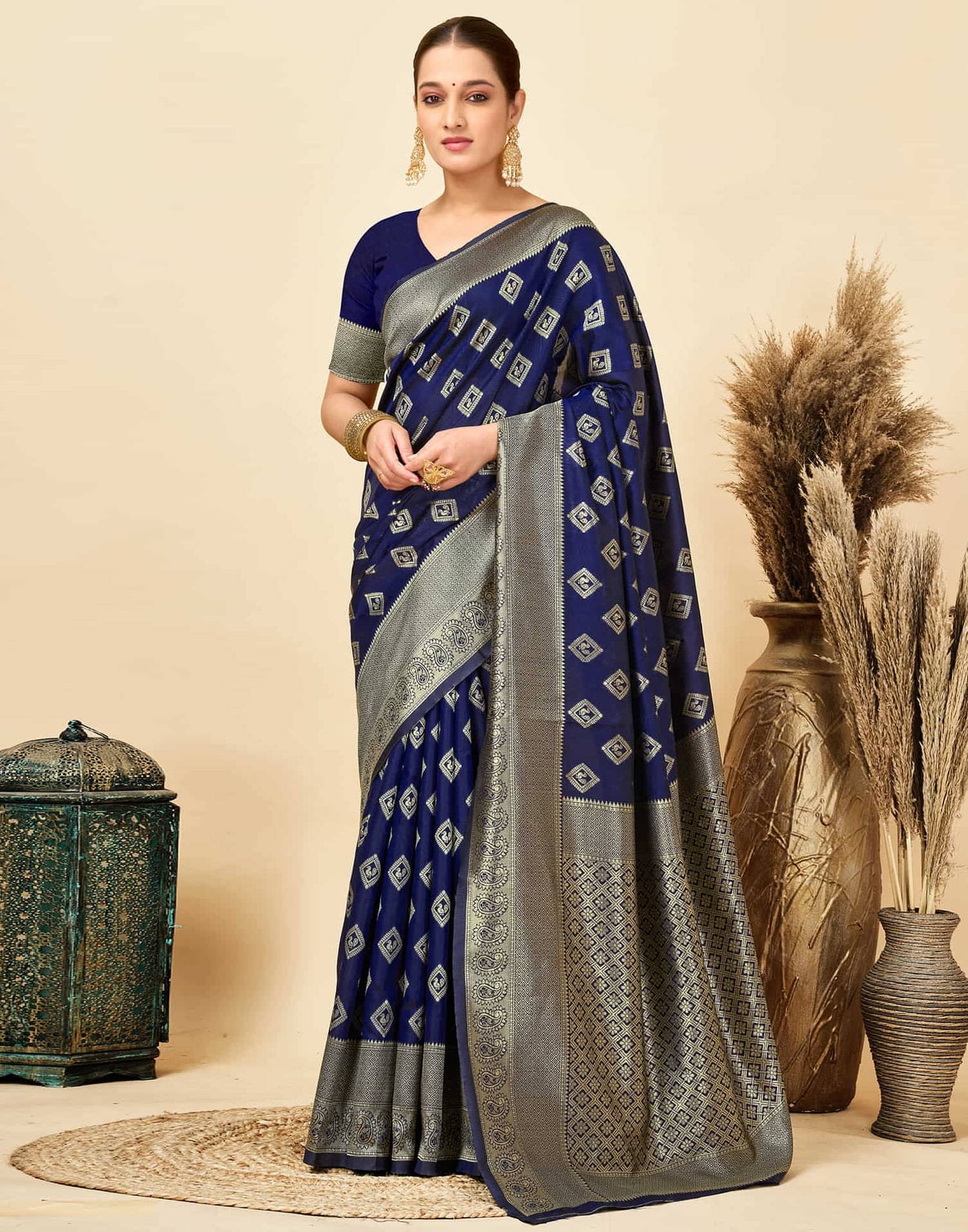 TARTAM Banarasi Silk Striped Saree With Unstitched Blouse Piece ( Navy Blue ) TARTAM Banarasi Silk Striped Saree With Unstitched Blouse Piece ( Navy Blue )