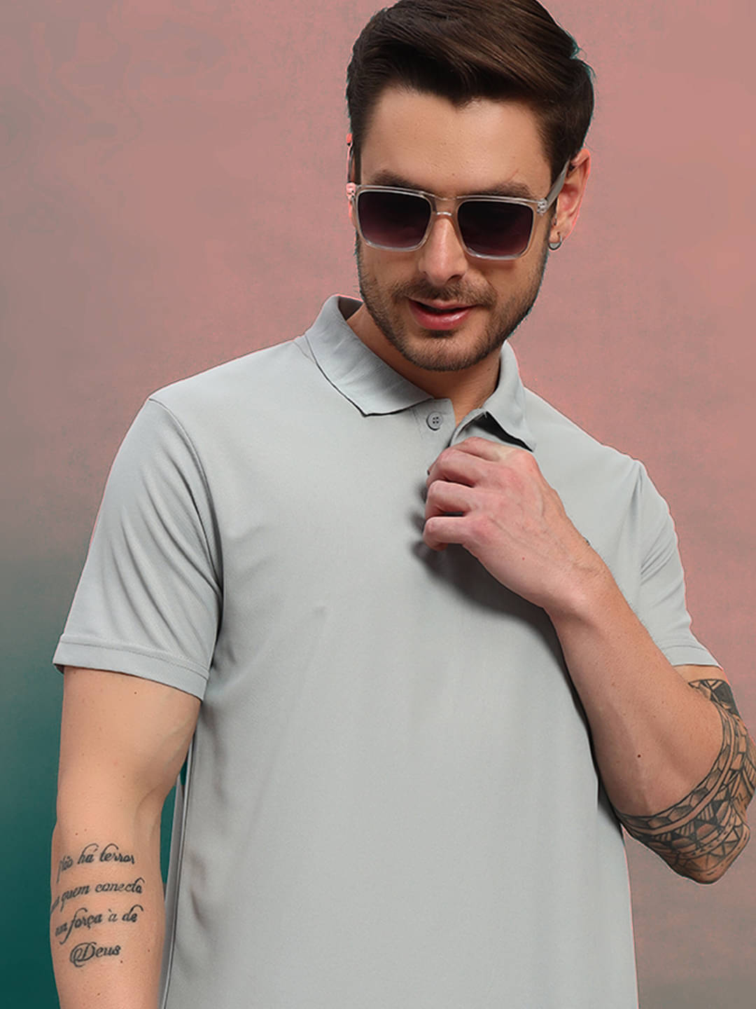     			TRIUS Men Cotton Blend Regular Fit Solid Polo T Shirt ( Grey )