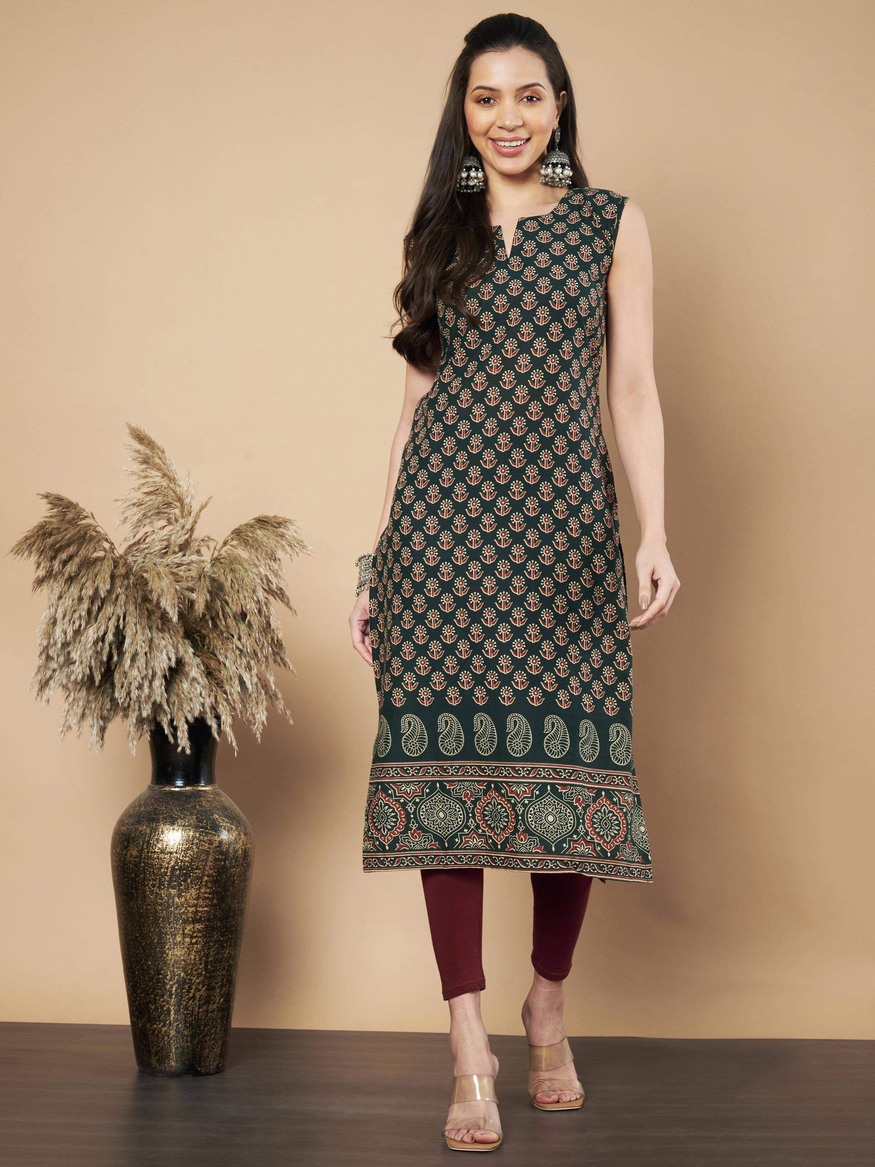 Vbuyz Women's Cotton Printed Straight Kurti - ( Green )     			Vbuyz Women's Cotton Printed Straight Kurti - ( Green )