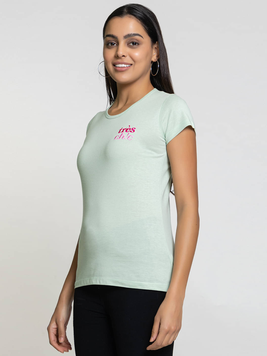     			femea Women Cotton Self Design Regular Fit Round Neck T-Shirt ( Green )