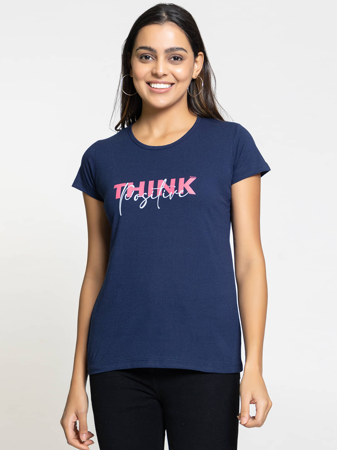     			femea Women Cotton Self Design Regular Fit Round Neck T-Shirt ( Navy )