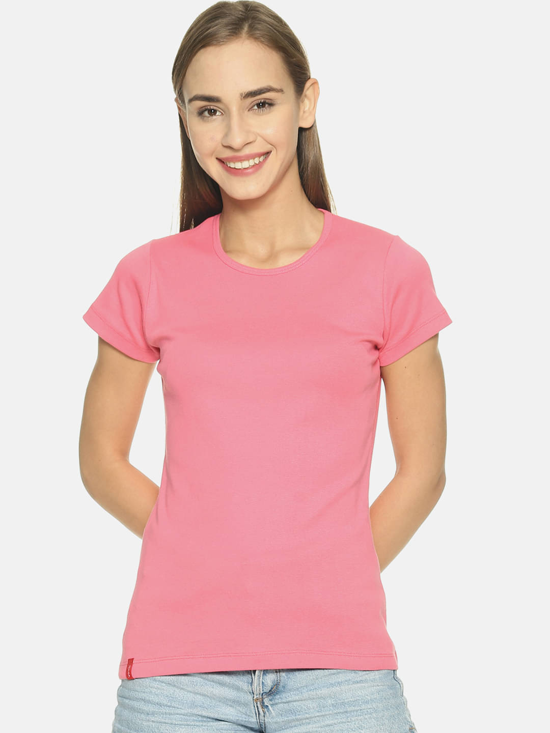     			femea Women Cotton Solid Regular Round Neck T-Shirt ( Pink )