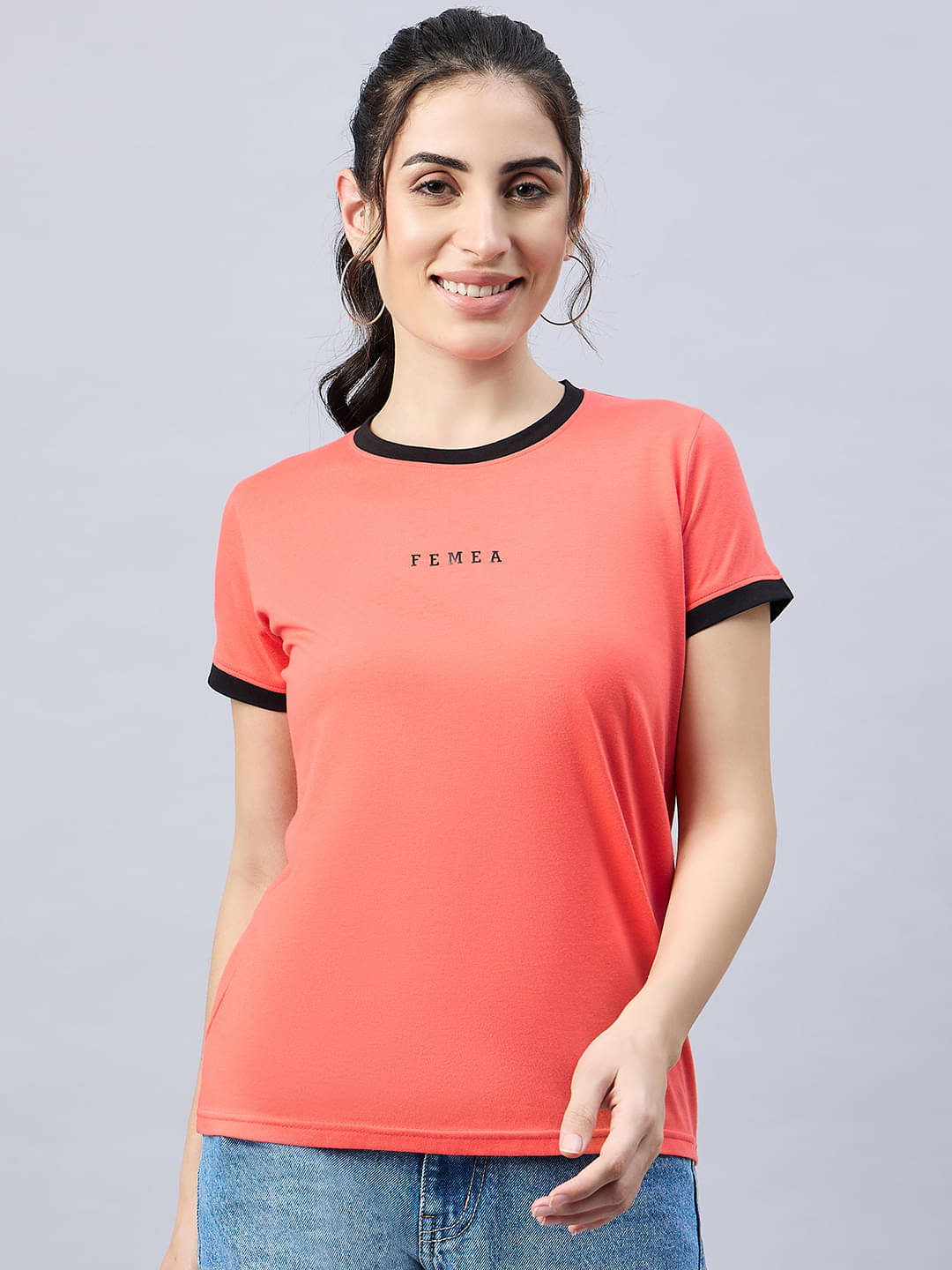     			femea Women Cotton Solid Regular Round Neck T-Shirt ( Orange )