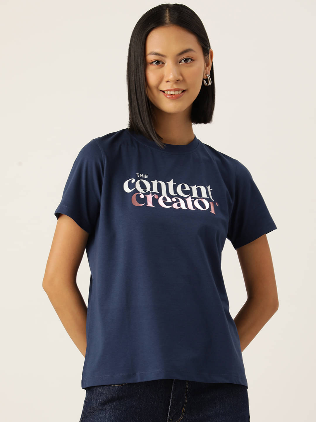 femea Women Lycra Printed Regular Round Neck T-Shirt ( Navy ) femea Women Lycra Printed Regular Round Neck T-Shirt ( Navy )