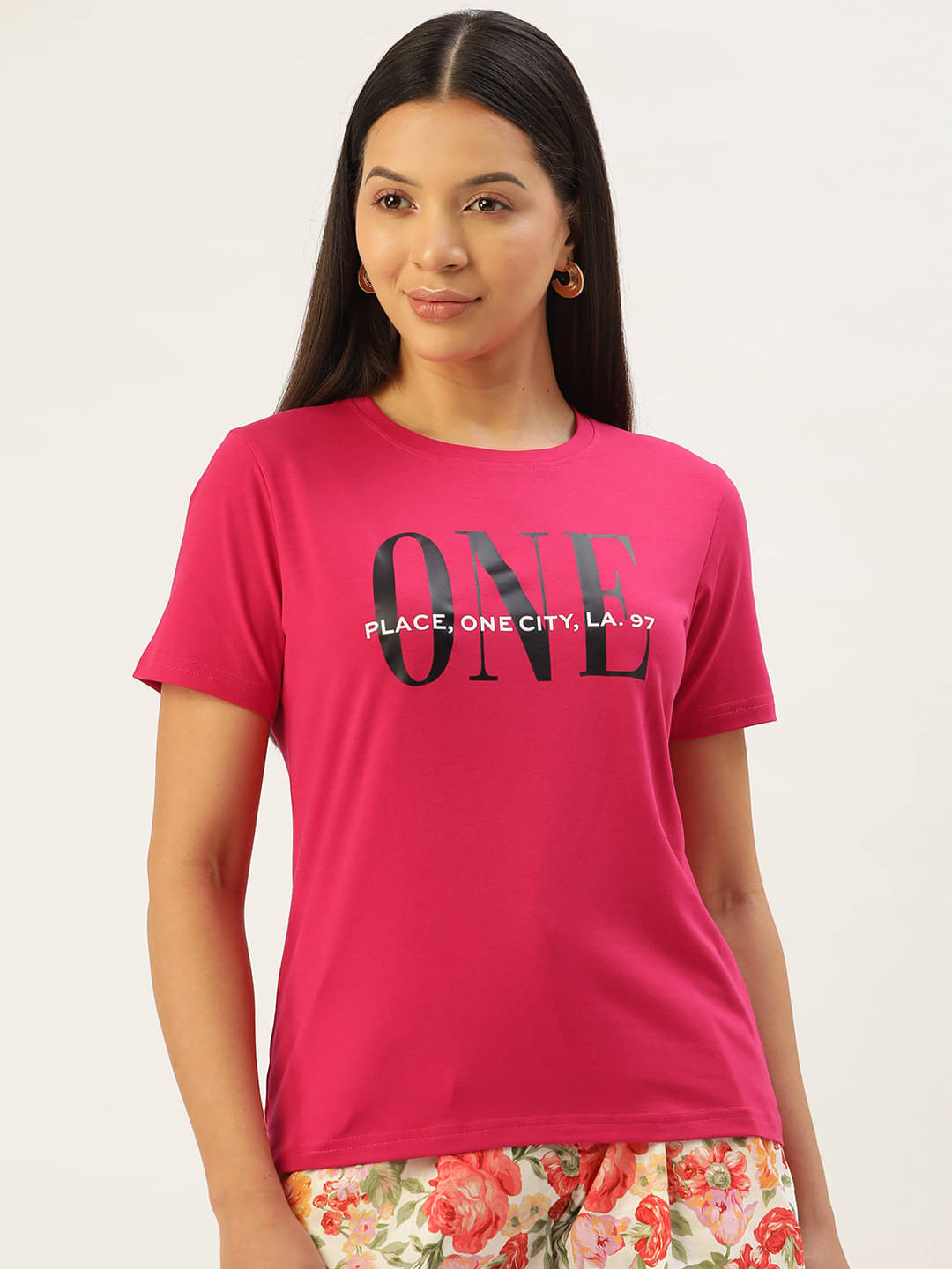     			femea Women Lycra Printed Regular Round Neck T-Shirt ( Fuchsia )