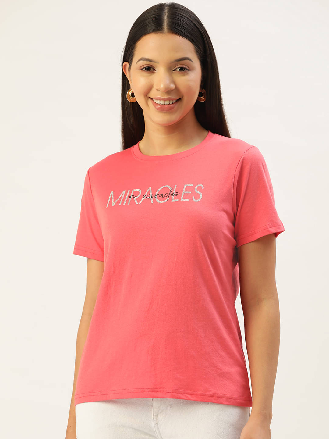     			femea Women Lycra Printed Regular Round Neck T-Shirt ( Coral )