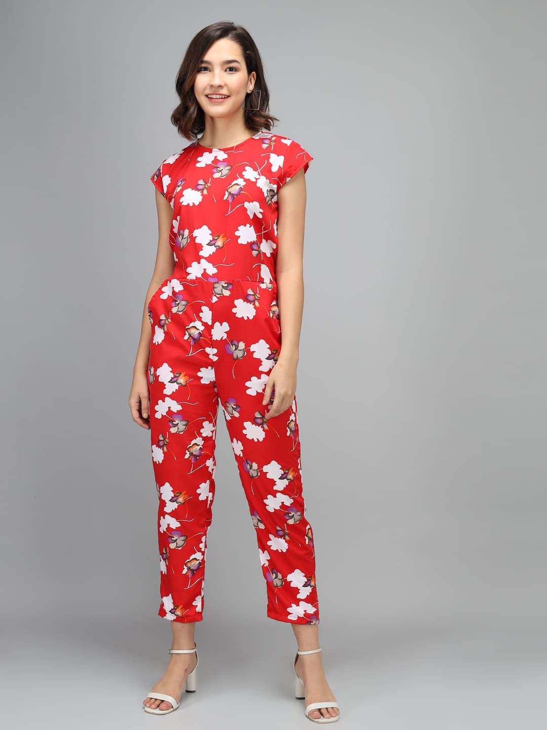    			vivient Women's Printed Crepe Jumpsuit ( Red )