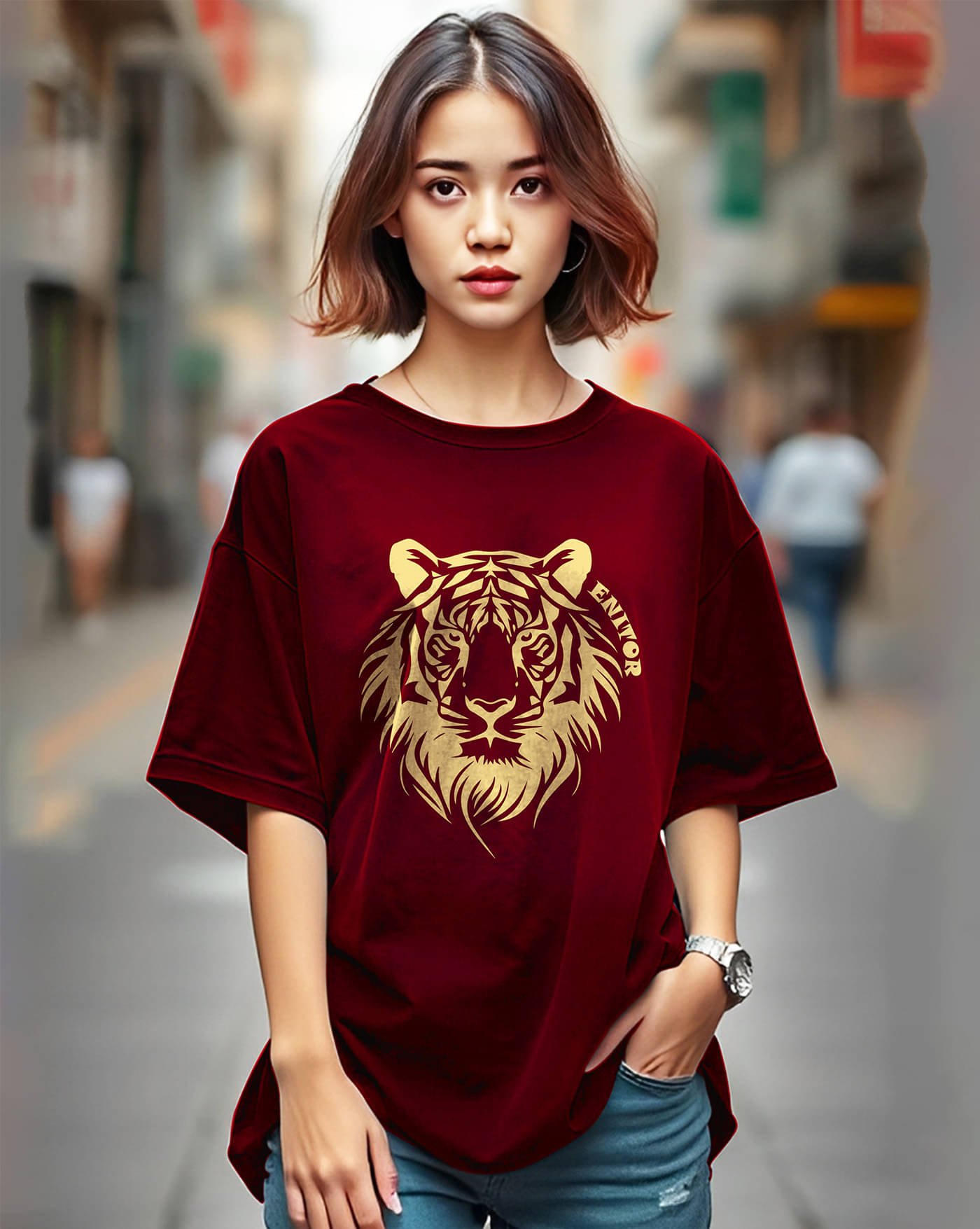     			AUSK Women Cotton Printed Oversized Round Neck T-Shirt ( Maroon )