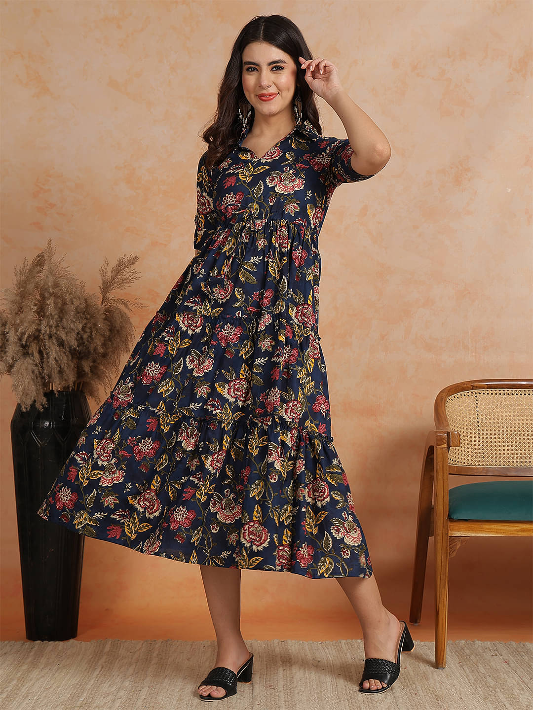     			Antaran Women's Cotton Printed Fit & Flare Dress ( Blue )