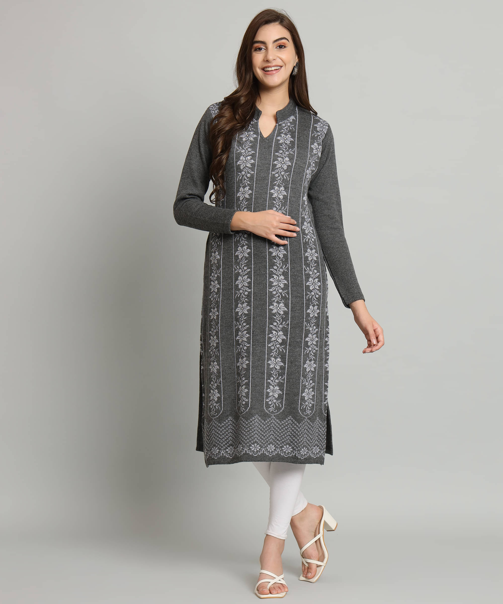     			Canblar Women's Woollen Printed Straight Kurti - ( Dark Grey )