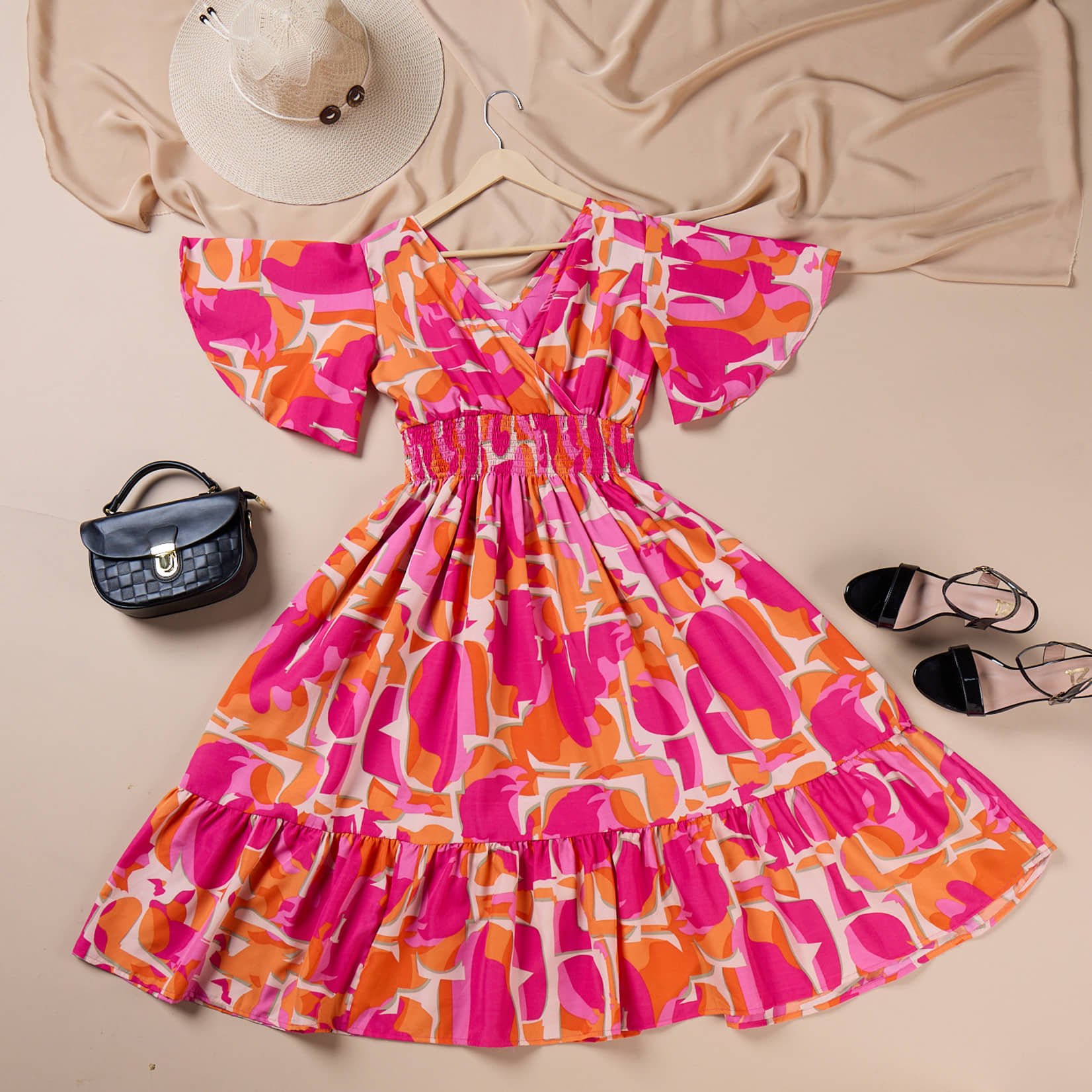 Femvy Women's Polyester Printed Fit & Flare Dress ( Orange )
