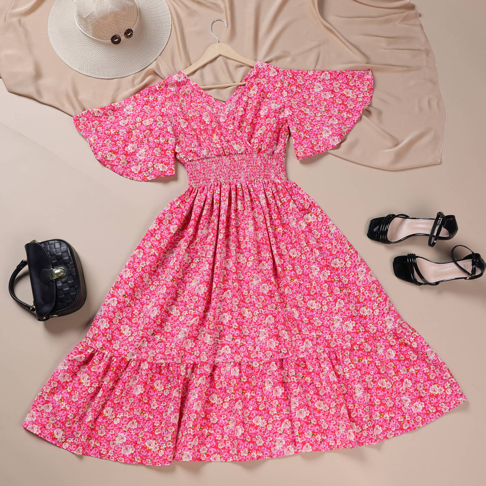 Femvy Women Polyester Printed Fit & Flare Dress ( Pink ) Femvy Women Polyester Printed Fit & Flare Dress ( Pink )