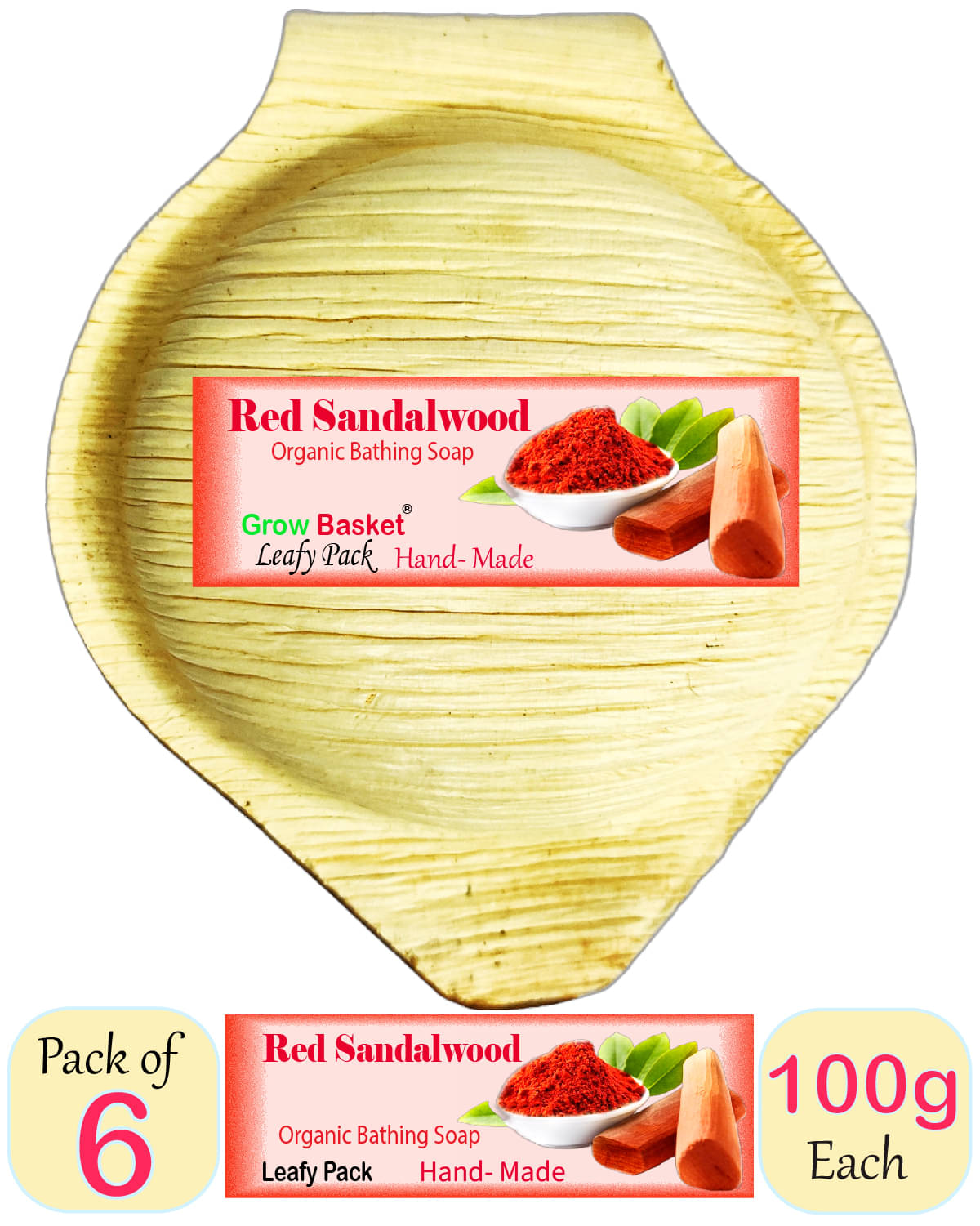     			Grow Basket Freshness Red Sandalwood Handmade Soap Bathing Bar for All Skin Type ( Pack of 6 )