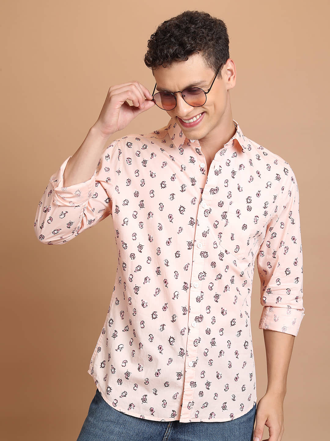 Highlander 100% Cotton Slim Fit Printed Full Sleeves Men's Casual Shirt - Peach ( Pack of 1 )