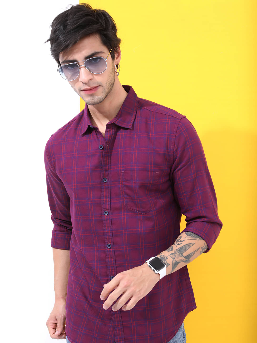 Highlander Cotton Blend Slim Fit Checks Full Sleeves Men's Casual Shirt - Maroon ( Pack of 1 )