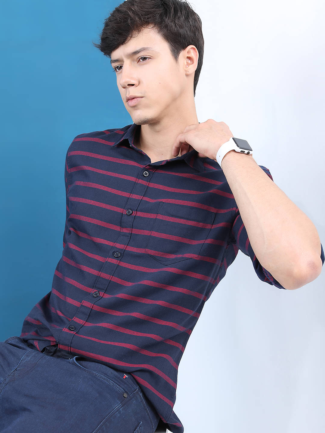    			Highlander Cotton Blend Slim Fit Striped Full Sleeves Men's Casual Shirt - Navy Blue ( Pack of 1 )