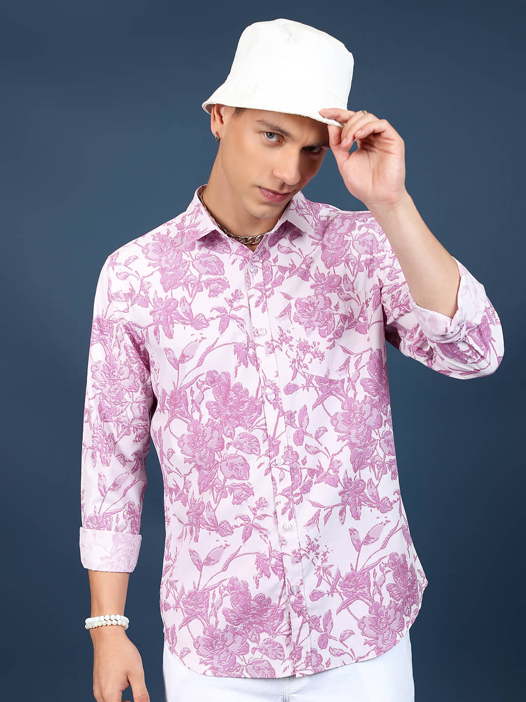 Highlander Poly Cotton Slim Fit Printed Full Sleeves Men's Casual Shirt - Pink ( Pack of 1 )