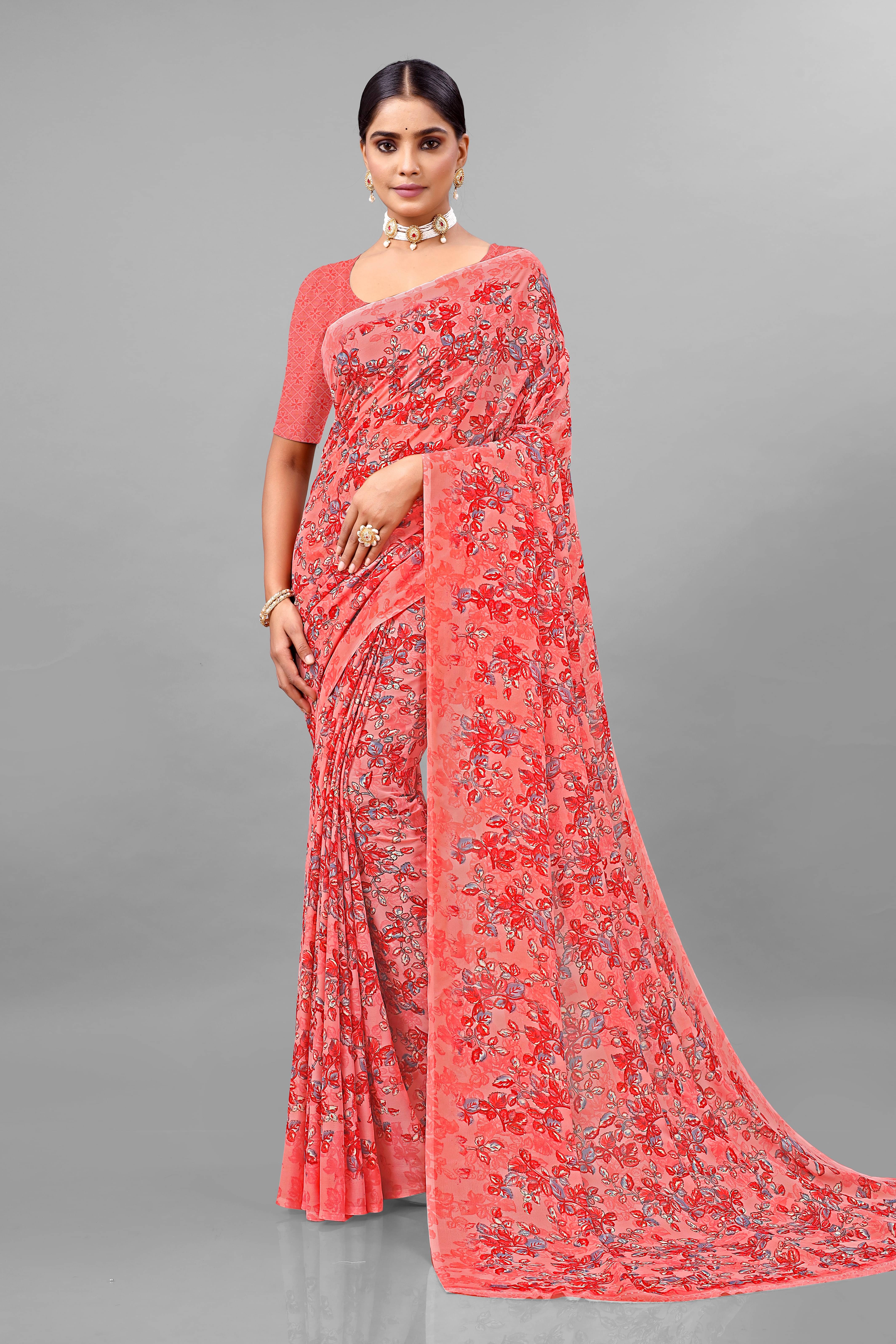 Maayro Georgette Printed Saree With Unstitched Blouse Piece ( Peach ) Maayro Georgette Printed Saree With Unstitched Blouse Piece ( Peach )