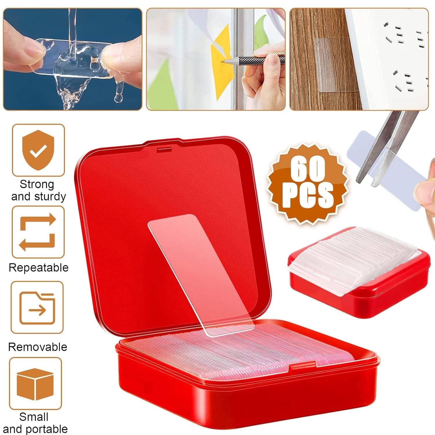     			Magnique 60 pcs Double Sided Tape Patches Heavy Duty - Clear Double Sided Tape with Box, Reusable Strong Sticky Strip Grip Tape, Traceless Mounting Adhesive Tape for Walls, Home, Office