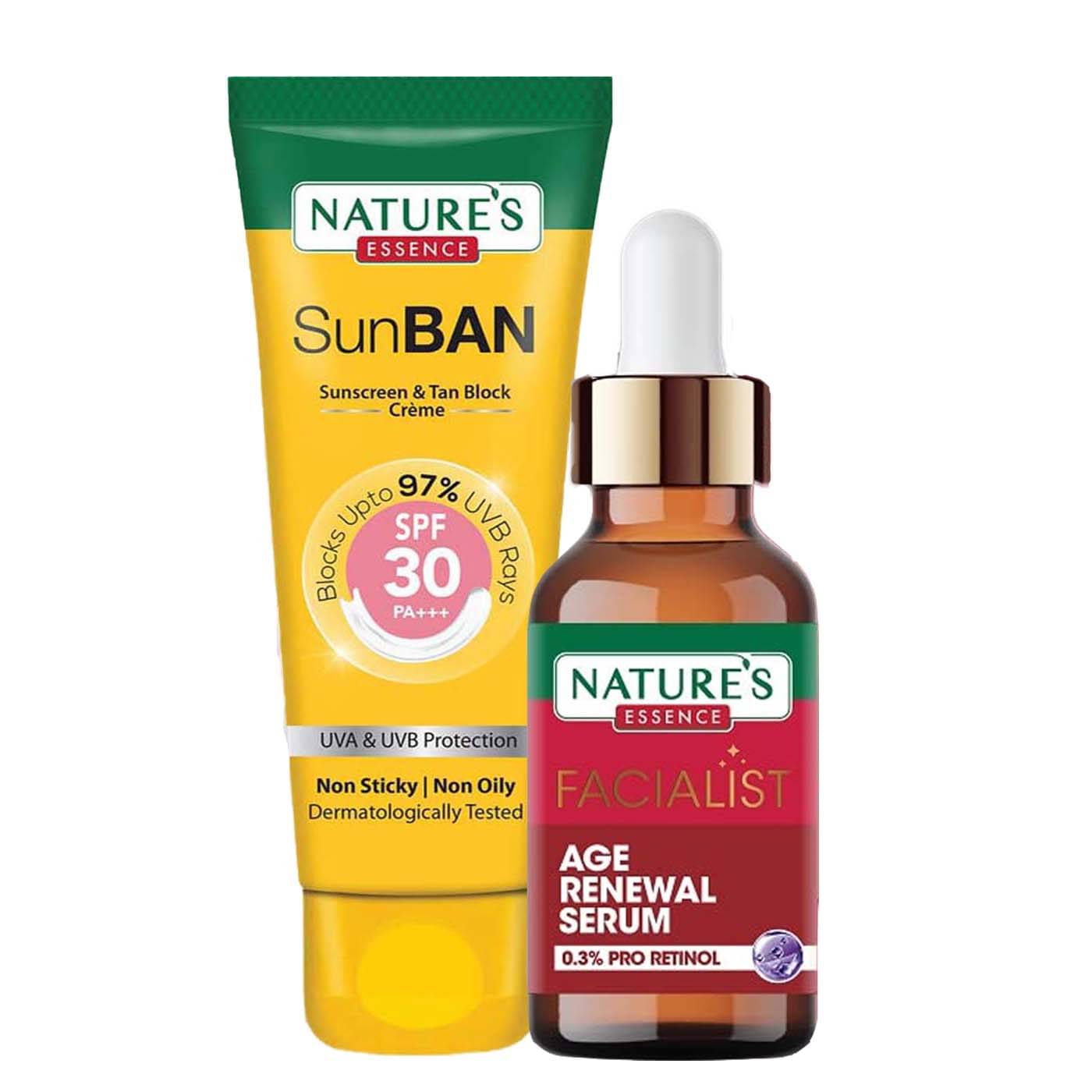Nature's Essence Facialist Age Renewal Serum 30ml + SunBan Sunscreen Spf 30 60ml (Pack of 2) Nature's Essence Facialist Age Renewal Serum 30ml + SunBan Sunscreen Spf 30 60ml (Pack of 2)