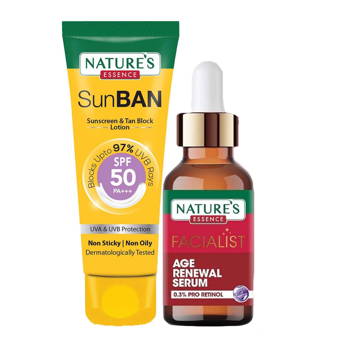 Nature's Essence Facialist Age Renewal Serum 30ml + SunBan Sunscreen Spf 50 60ml (Pack of 2)     			Nature's Essence Facialist Age Renewal Serum 30ml + SunBan Sunscreen Spf 50 60ml (Pack of 2)