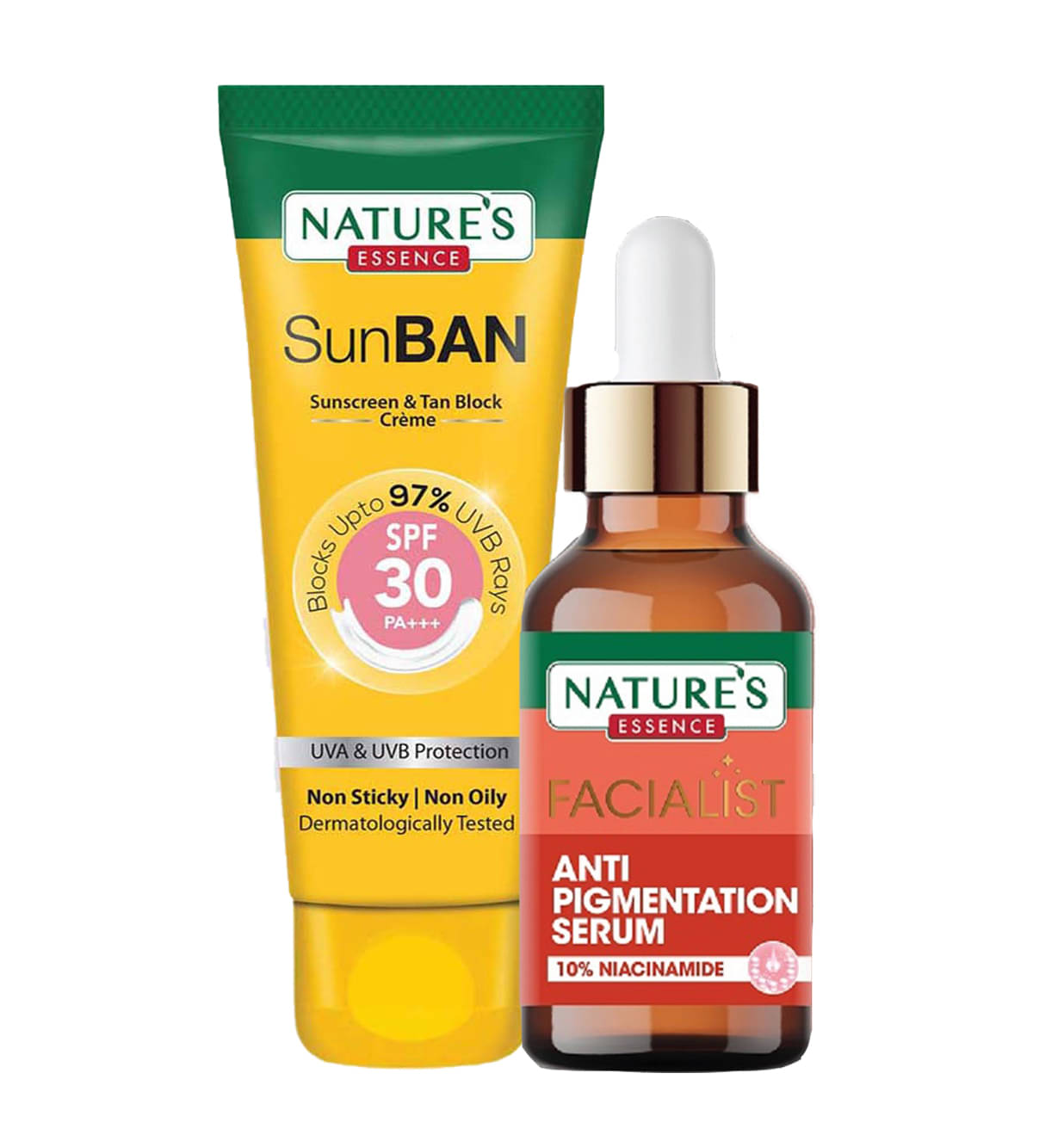 Nature's Essence Facialist Anti-Pigmentation Serum 30ml + SunBan Sunscreen Spf 30 120ml (Pack of 2) Nature's Essence Facialist Anti-Pigmentation Serum 30ml + SunBan Sunscreen Spf 30 120ml (Pack of 2)