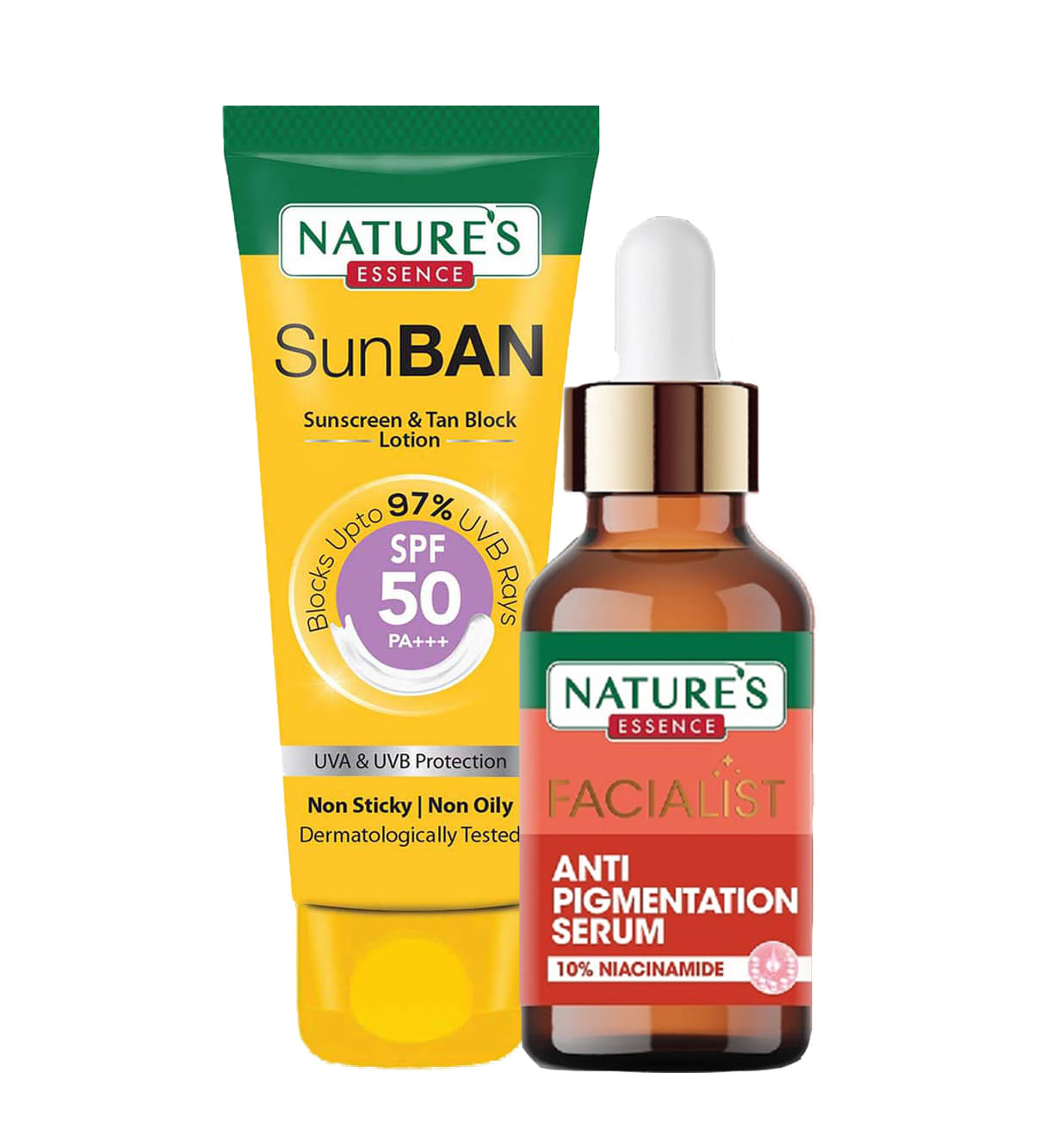 Nature's Essence Facialist Anti-Pigmentation Serum 30ml + SunBan Sunscreen Spf 50 60ml (Pack of 2) Nature's Essence Facialist Anti-Pigmentation Serum 30ml + SunBan Sunscreen Spf 50 60ml (Pack of 2)